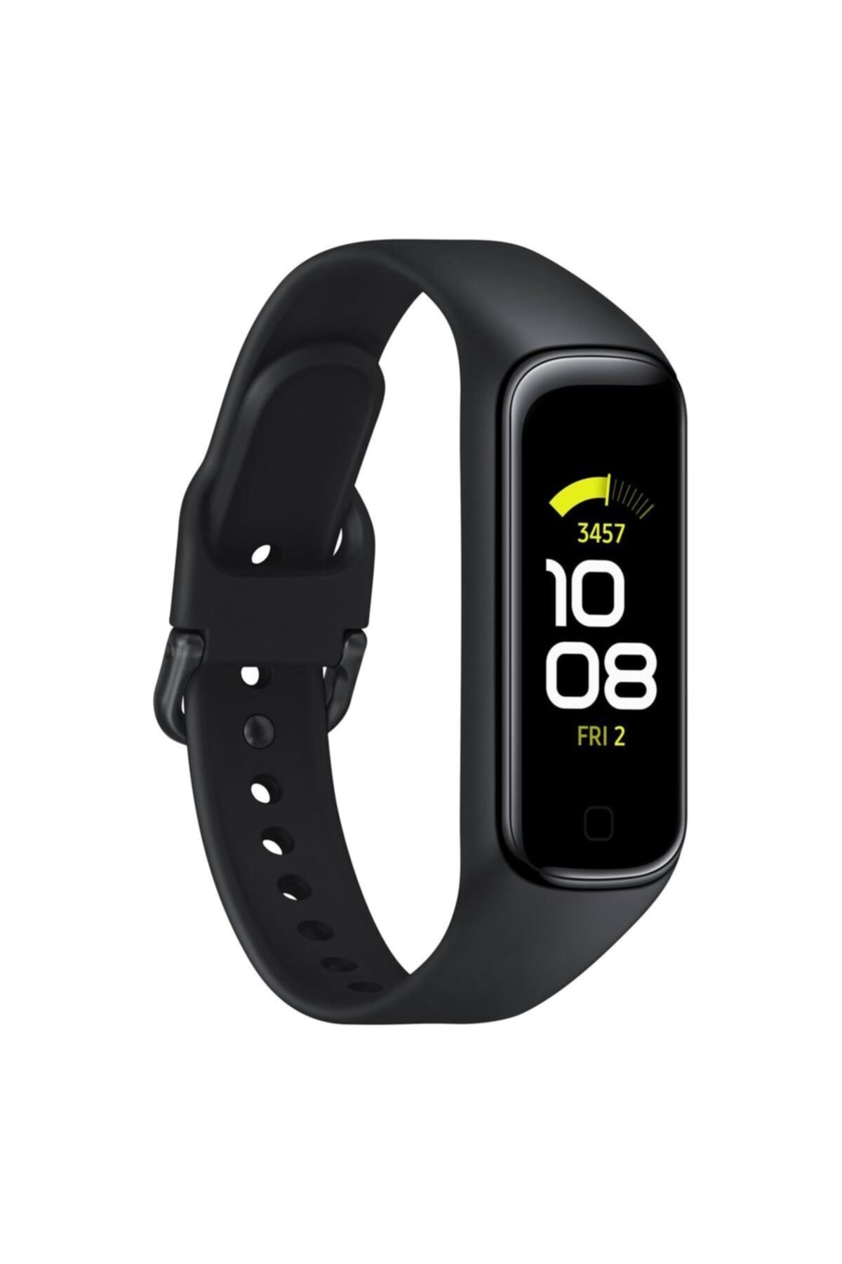 Siyah Samsung fitness takip cihazı. Zamanı, adımları ve tarihi gösteren bir ekrana sahip. Siyah bir kayışı var.