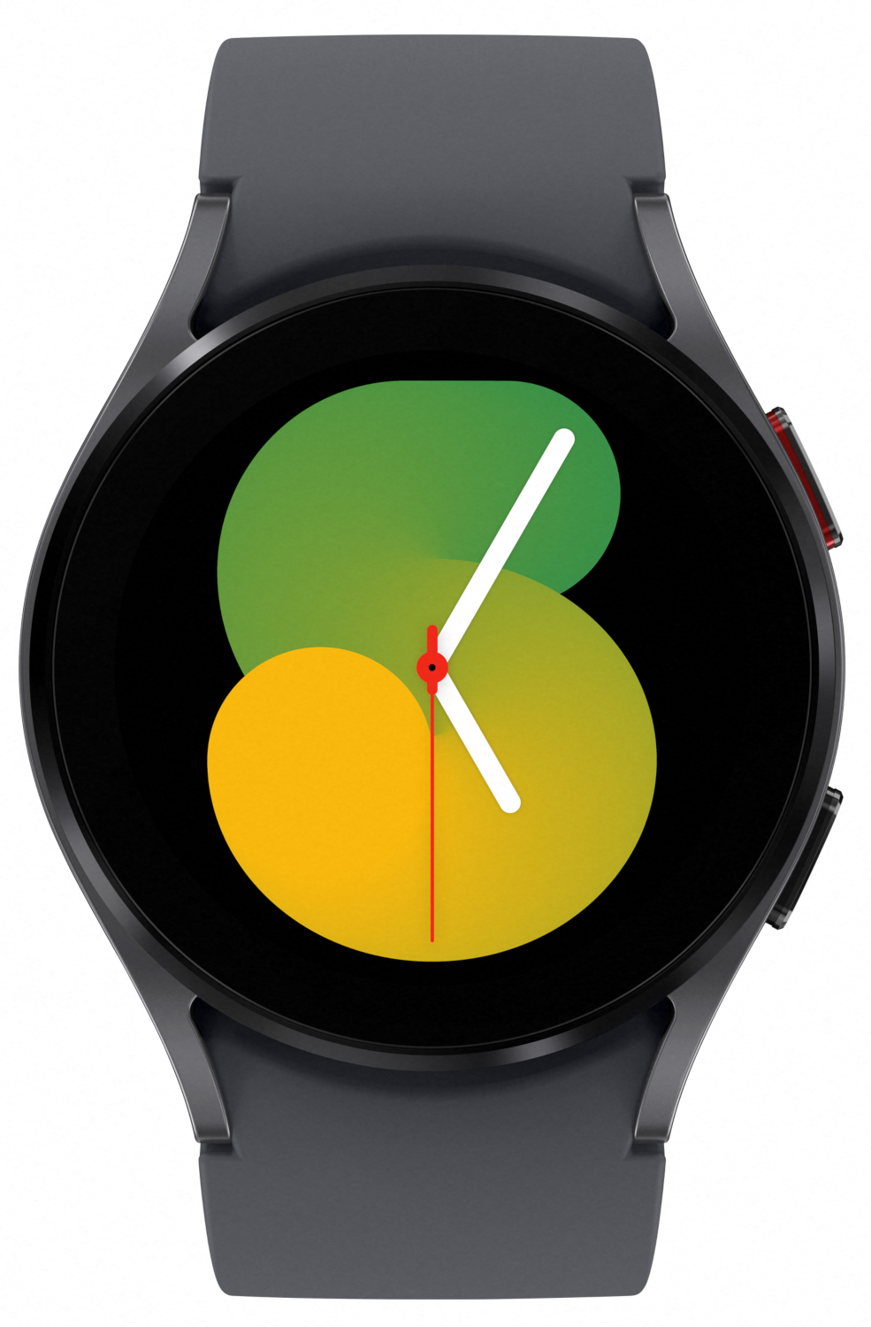 Een donkergrijze smartwatch met een rond display met een kleurrijke interface.