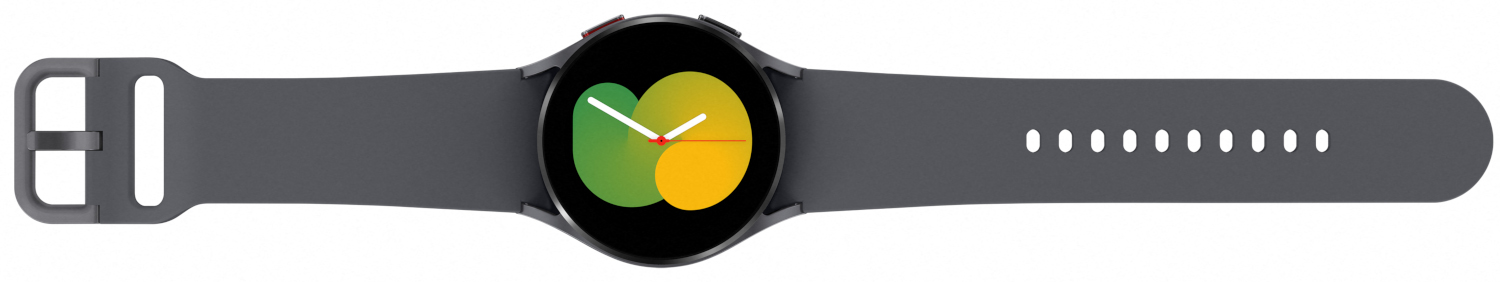 Grijze smartwatch met een ronde wijzerplaat en een grijze band. Het horloge toont een groene en gele wijzerplaat.