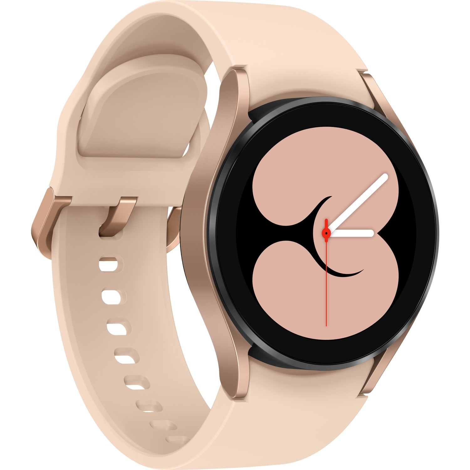 Açık pembe bir Samsung Galaxy Watch. Saat kadranı zamanı altın detaylarla gösteriyor.