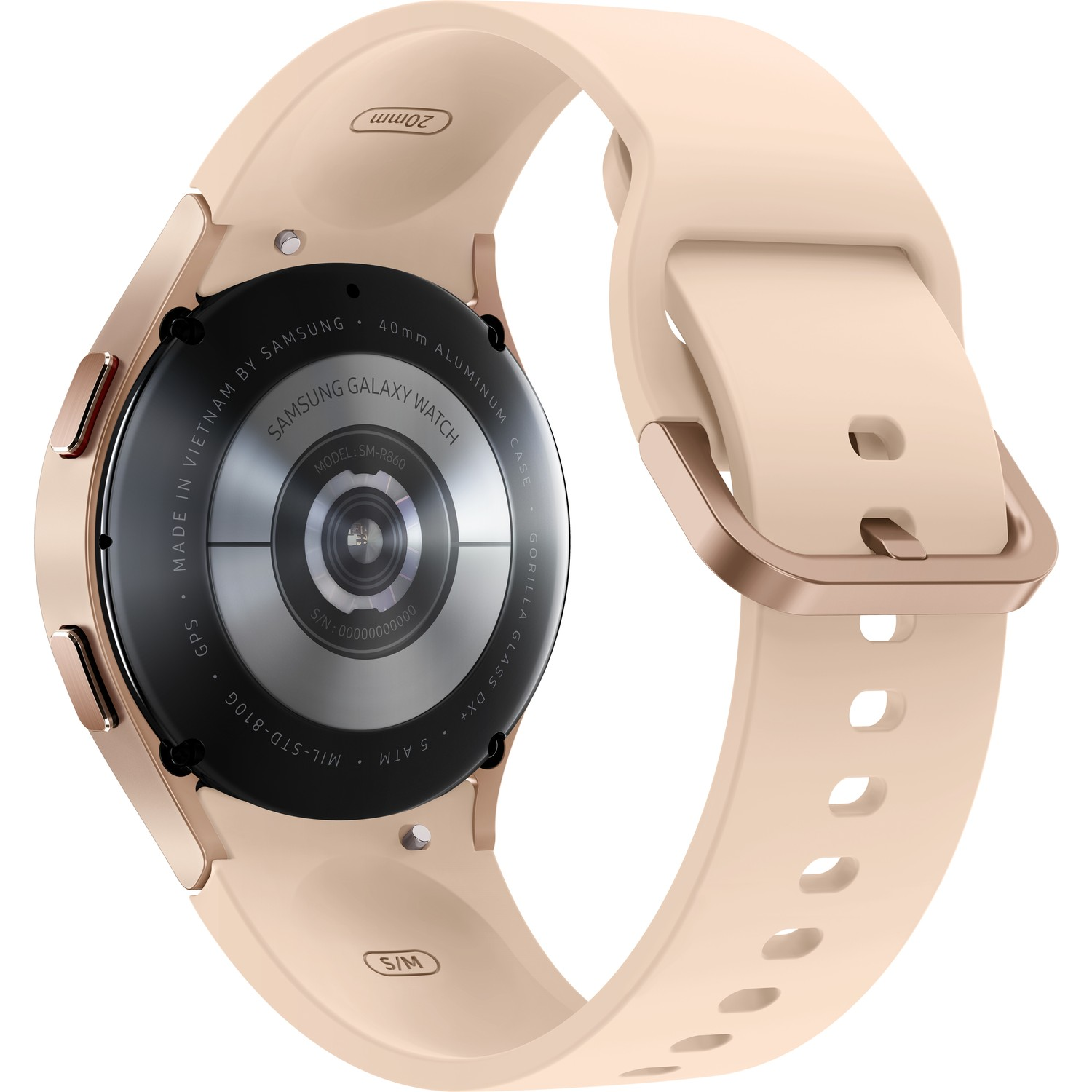 Altın ve krem rengi Samsung Galaxy Watch'un arka görünümü, kayış takılı.