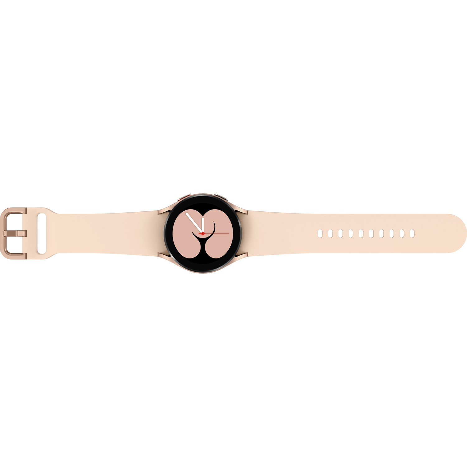 Pembe kayışlı, açık pembe Samsung Galaxy Watch düz bir şekilde yatıyor.