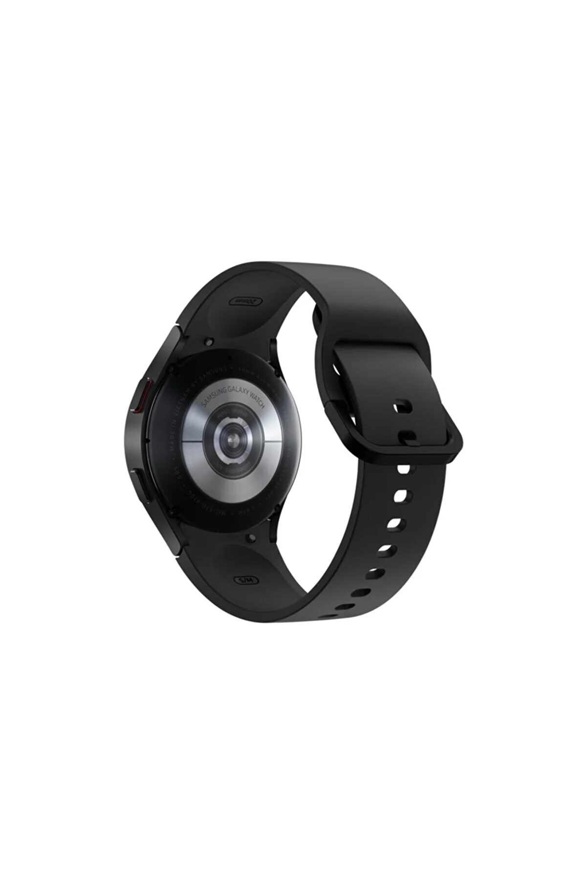 Siyah kayışlı siyah Samsung Galaxy Watch, arka görünüm.