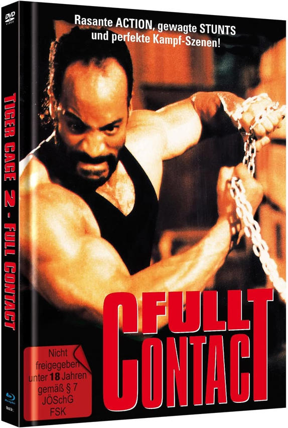 DVD-Hülle mit einem Mann, der Ketten hält. Text: Tiger Cage 2 - Full Contact.