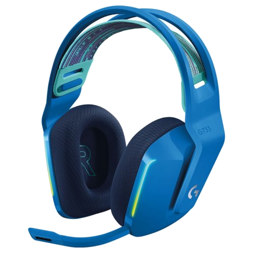 Mavi ve siyah G733 oyun kulaklığı, mikrofonlu. Logo görünür.