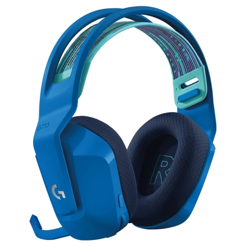 Beyaz arka planda, mikrofonlu mavi oyun kulaklığı.