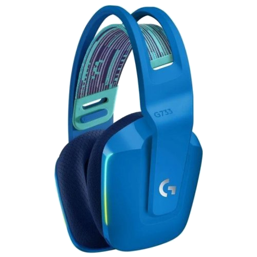 Mavi G733 oyun kulaklığı. Açık mavi bir kafa bandı ve koyu mavi kulaklıklara sahip.