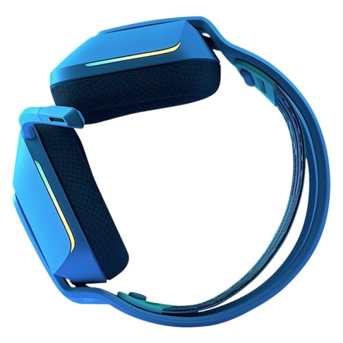 Mavi, benzersiz tasarımlı kulaklıklar, açılı. Kulaklık başlıkları ve kafa bandı görünür.