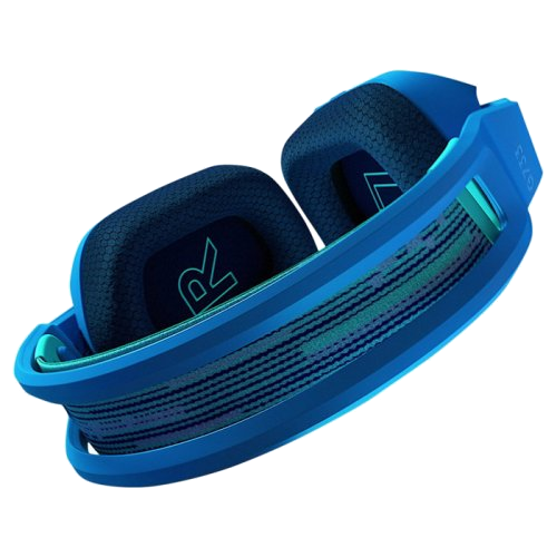 Mavi G733 oyun kulaklığı, açılı görünüm. Kulaklıkları, kafa bandını ve Logitech logosunu gösterir.