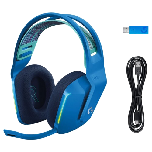 Beyaz bir arka plan üzerinde, mikrofonlu mavi ve siyah bir oyun kulaklığının yakın çekimi.