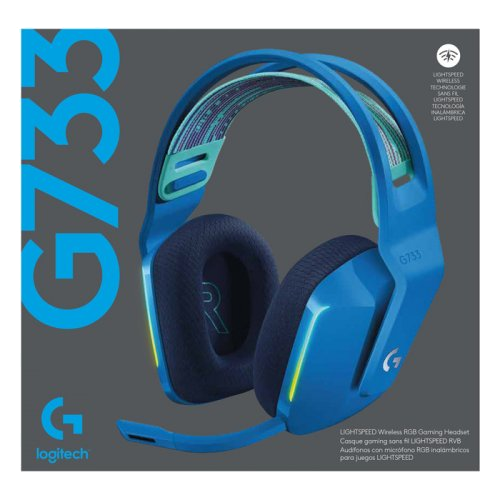 Mavi ve siyah Logitech G733 oyun kulaklığı, gri arka plan üzerinde bir mikrofonla.