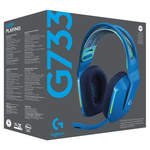 Mavi G733 oyun kulaklığı kutusu. Kulaklık, metin açıklamalarıyla birlikte kutunun içinde.