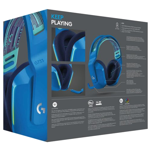 Mavi ve camgöbeği bir oyun kulaklığı kutusu, kulaklığı ve özellikleri gösteriyor.