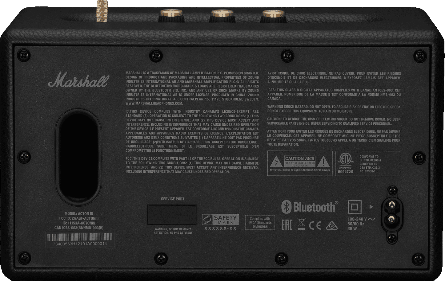 Rückseite eines Marshall-Lautsprechers. Enthält Logos, Text und Anschlüsse. Beige und Schwarz.