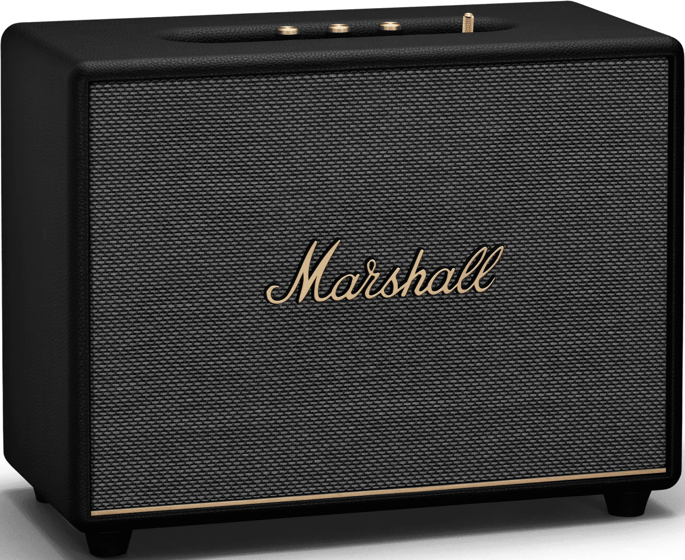 Schwarzer Marshall-Lautsprecher mit goldenem Text. Die Oberseite hat Bedienelemente und ein rotes Licht.