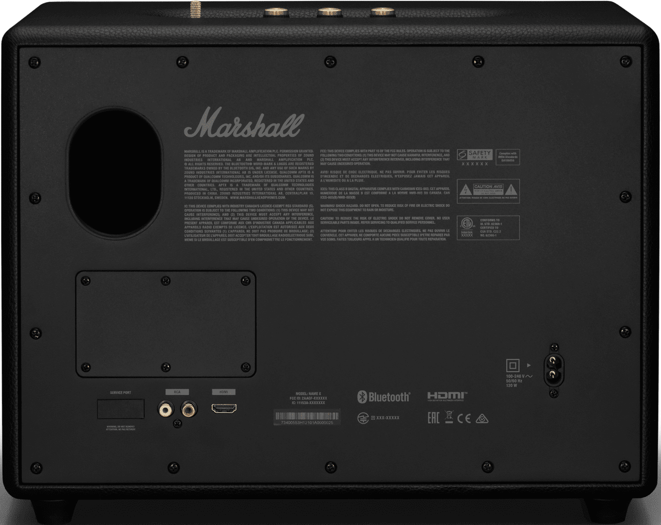Die Rückseite eines Marshall-Lautsprechers mit Anschlüssen, Text und Logos auf schwarzem Untergrund.