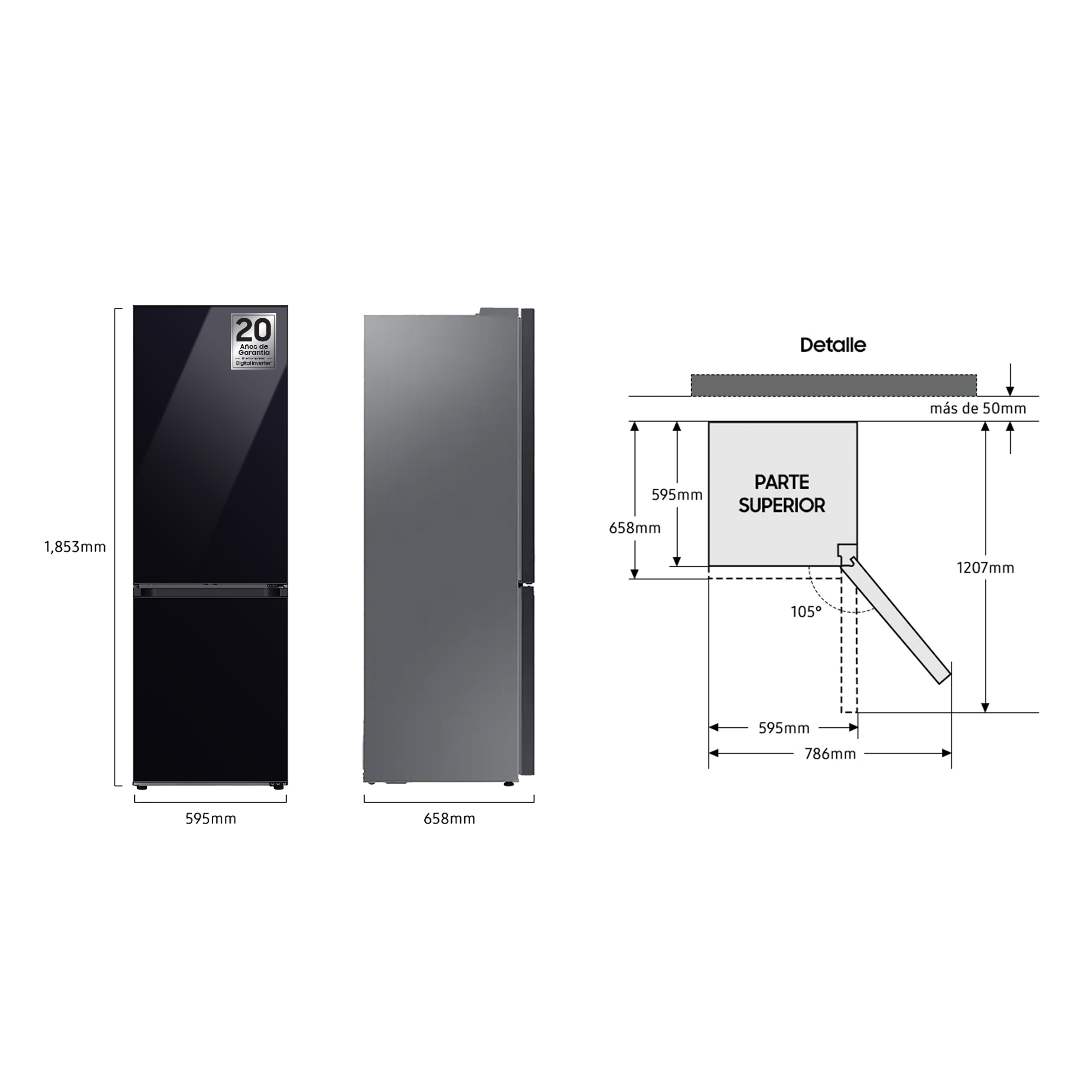 Refrigerador negro con dimensiones y diagrama de detalles, junto a una pared.