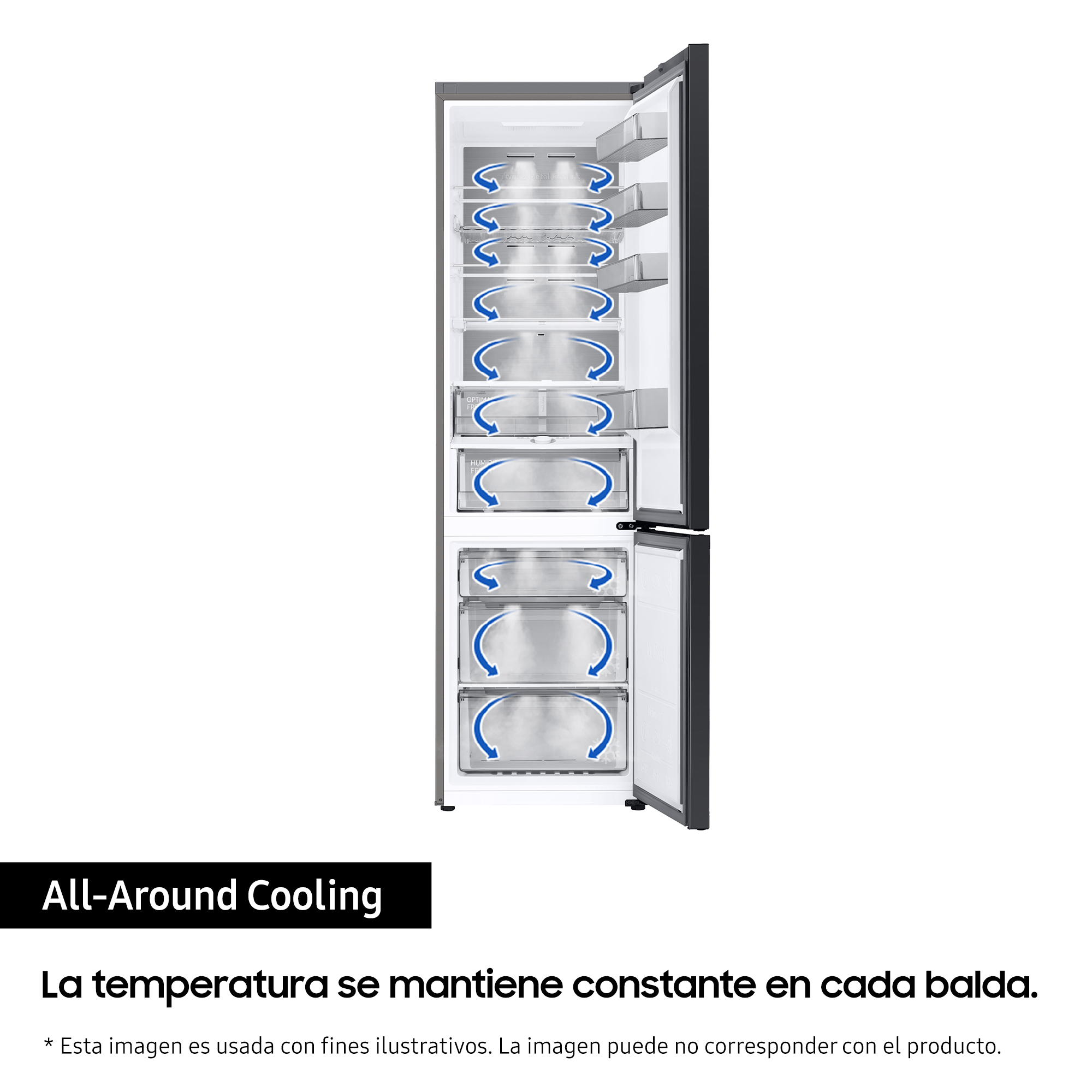 Un refrigerador con las puertas abiertas, mostrando el interior. El texto está en español.