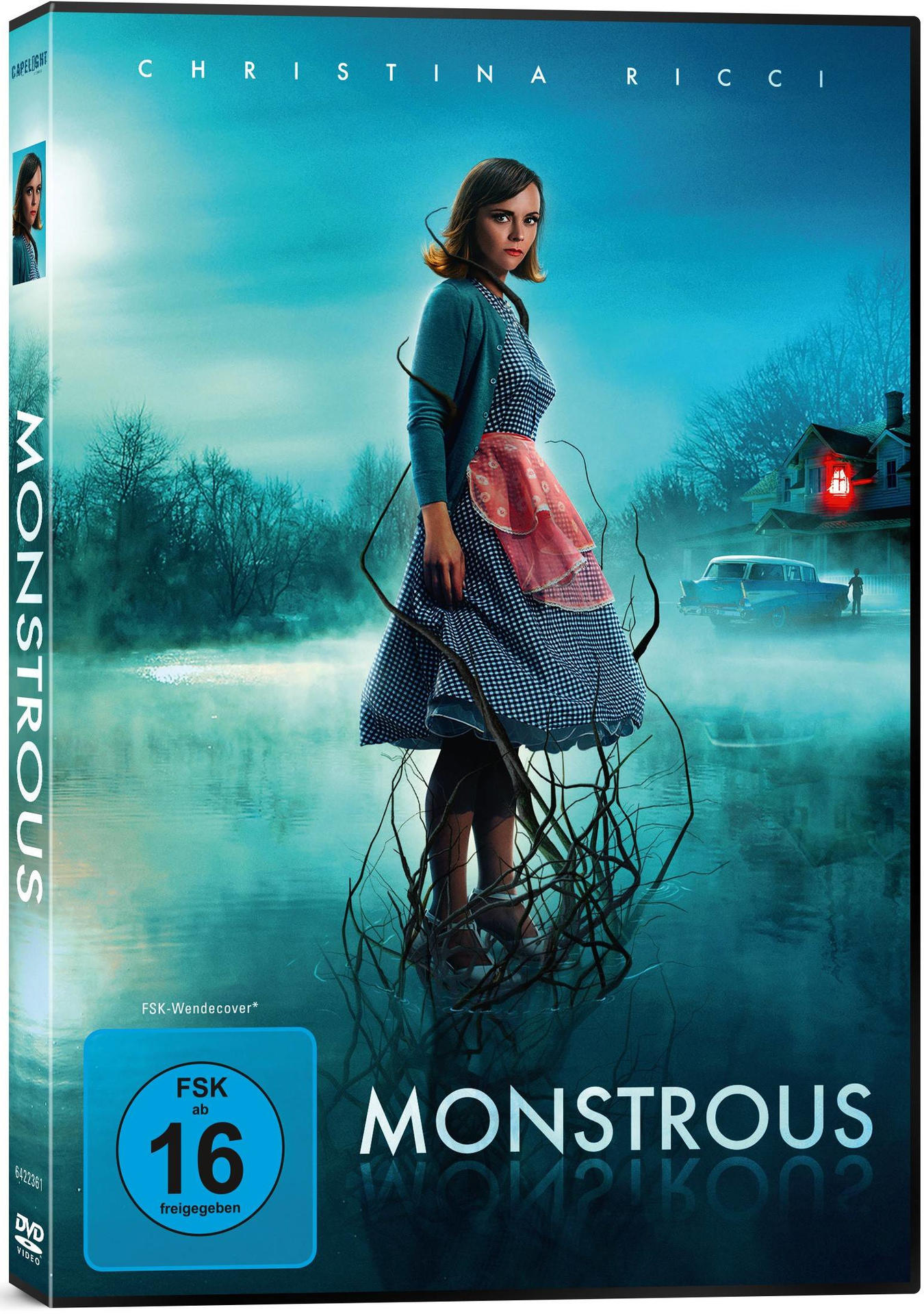 DVD-Hülle des Films "Monstrous" mit einer Frau, die vor einem See steht.
