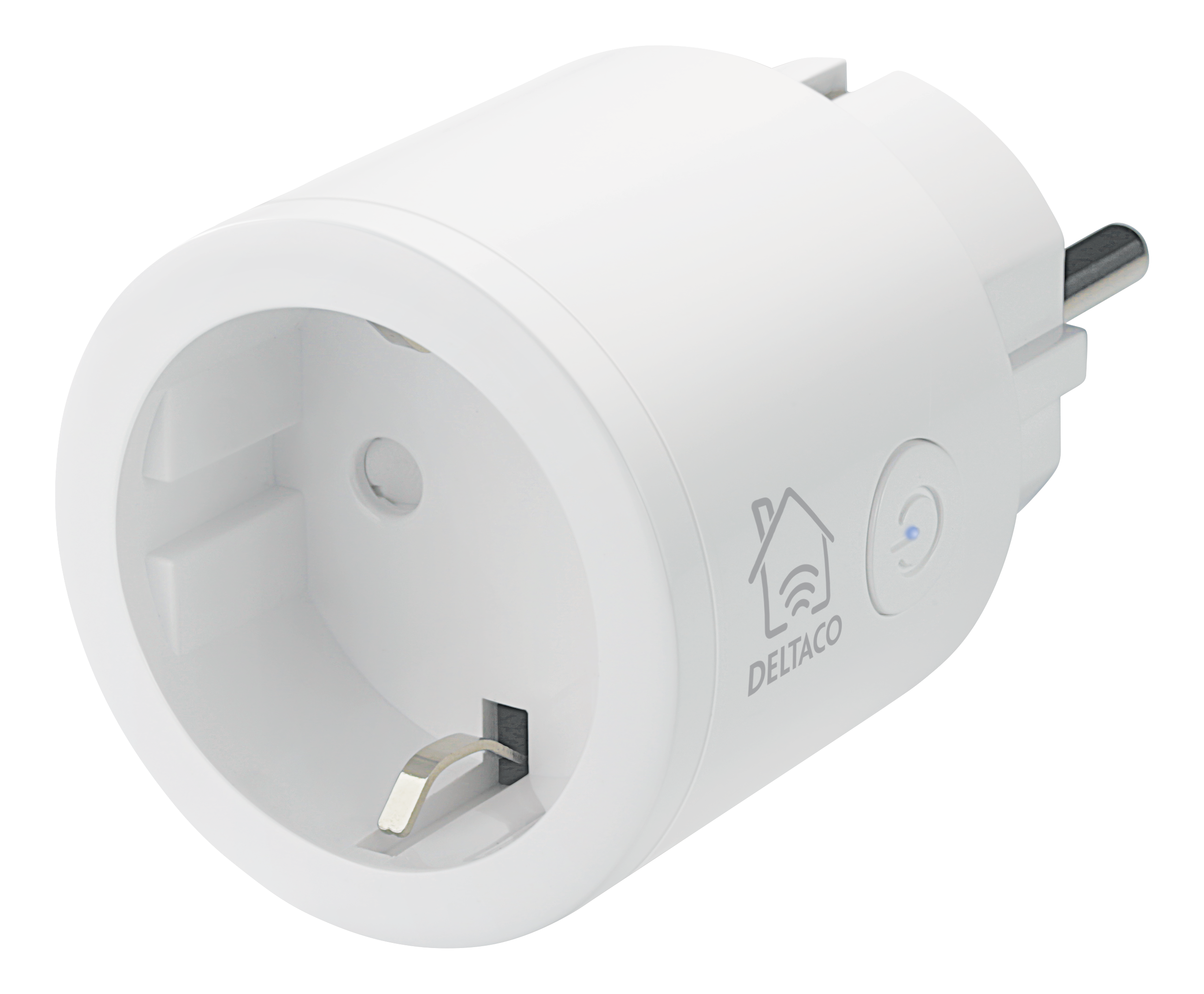 Weißer Smart-Stecker mit Haus-Symbol und blauem Licht, auf schwarzem Hintergrund.