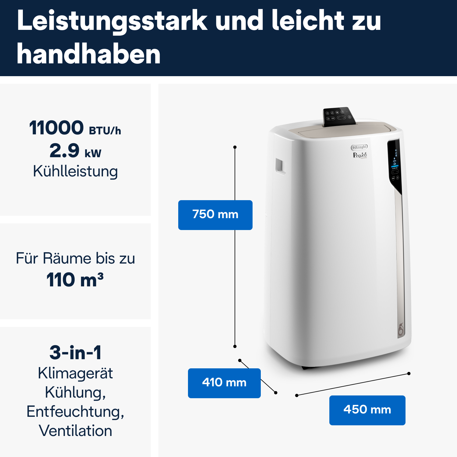 Ein weiß-beiges tragbares Klimagerät mit Abmessungen und Textbeschriftungen.