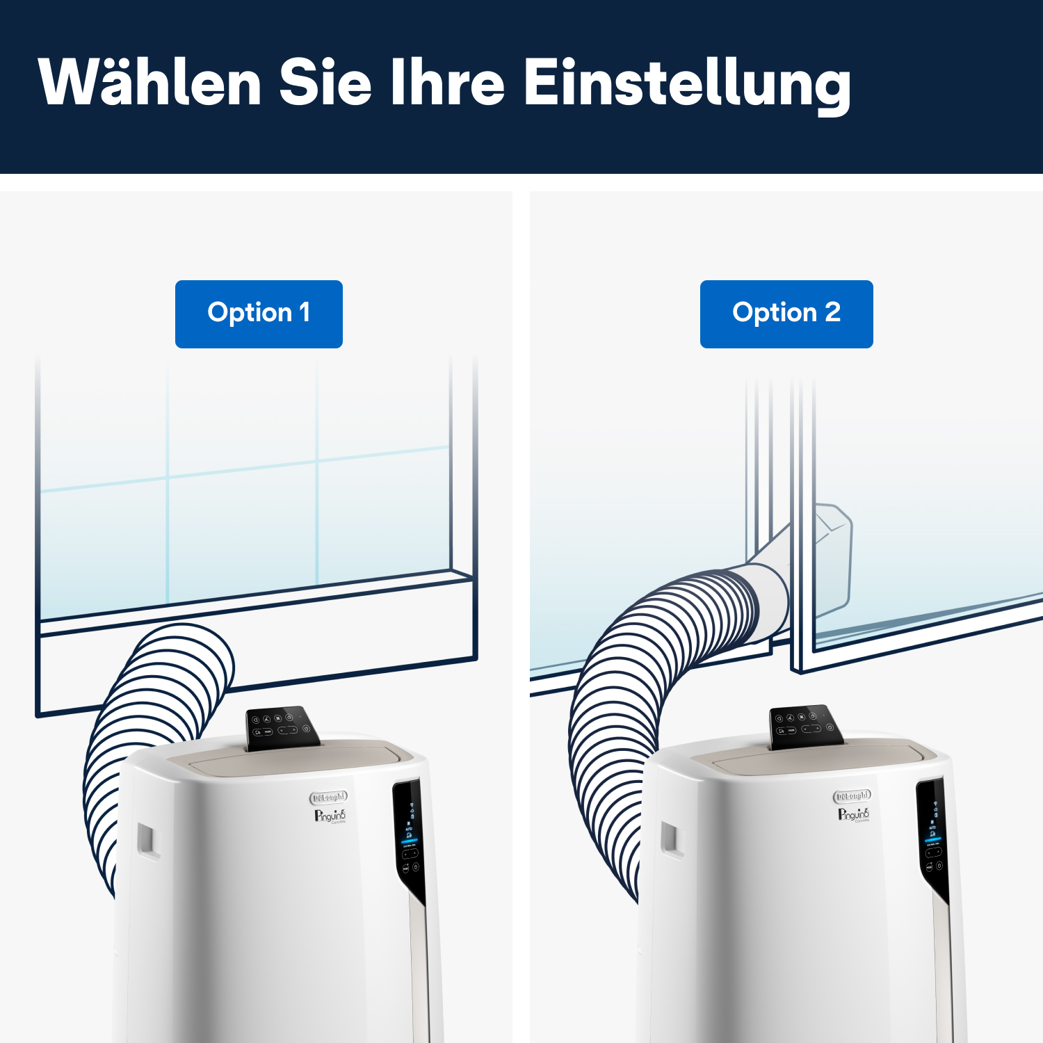 Zwei Optionen für Klimaanlagen-Abluft, eine durch ein Fenster, die andere durch eine Tür.