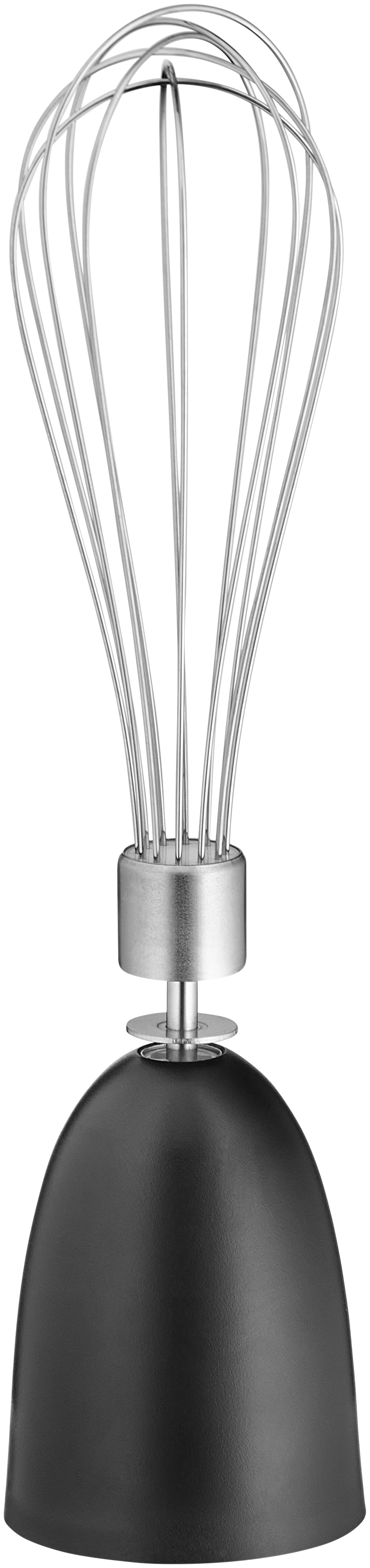 Aufsatz für schwarzen Stabmixer mit Schneebesen, vertikale Ansicht.