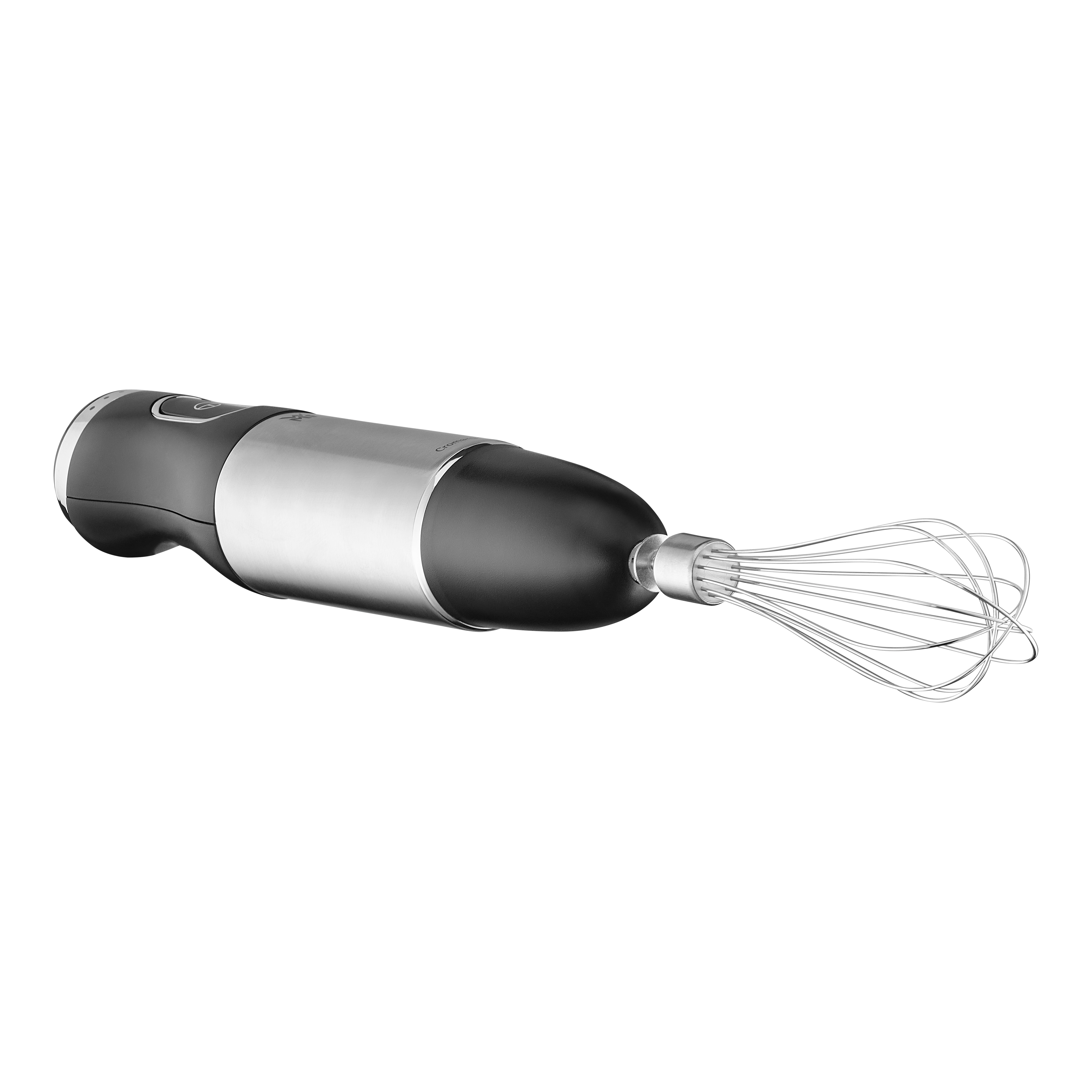 Handmixer auf weißem Hintergrund. Schwarzer Griff, silbernes Gehäuse. Schneebesenaufsatz.