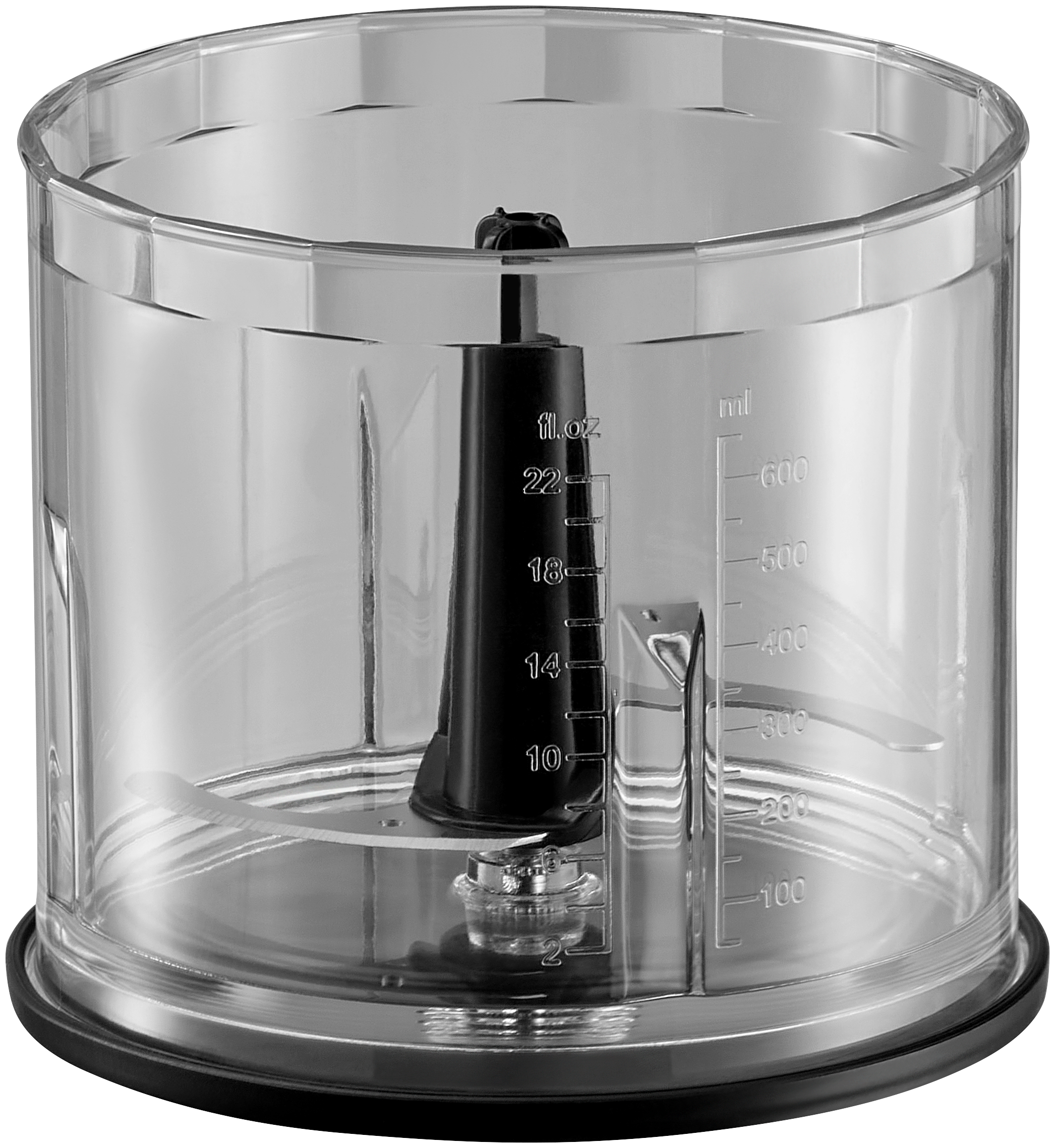Ein transparenter Mixbehälter mit einer schwarzen Klinge im Inneren.
