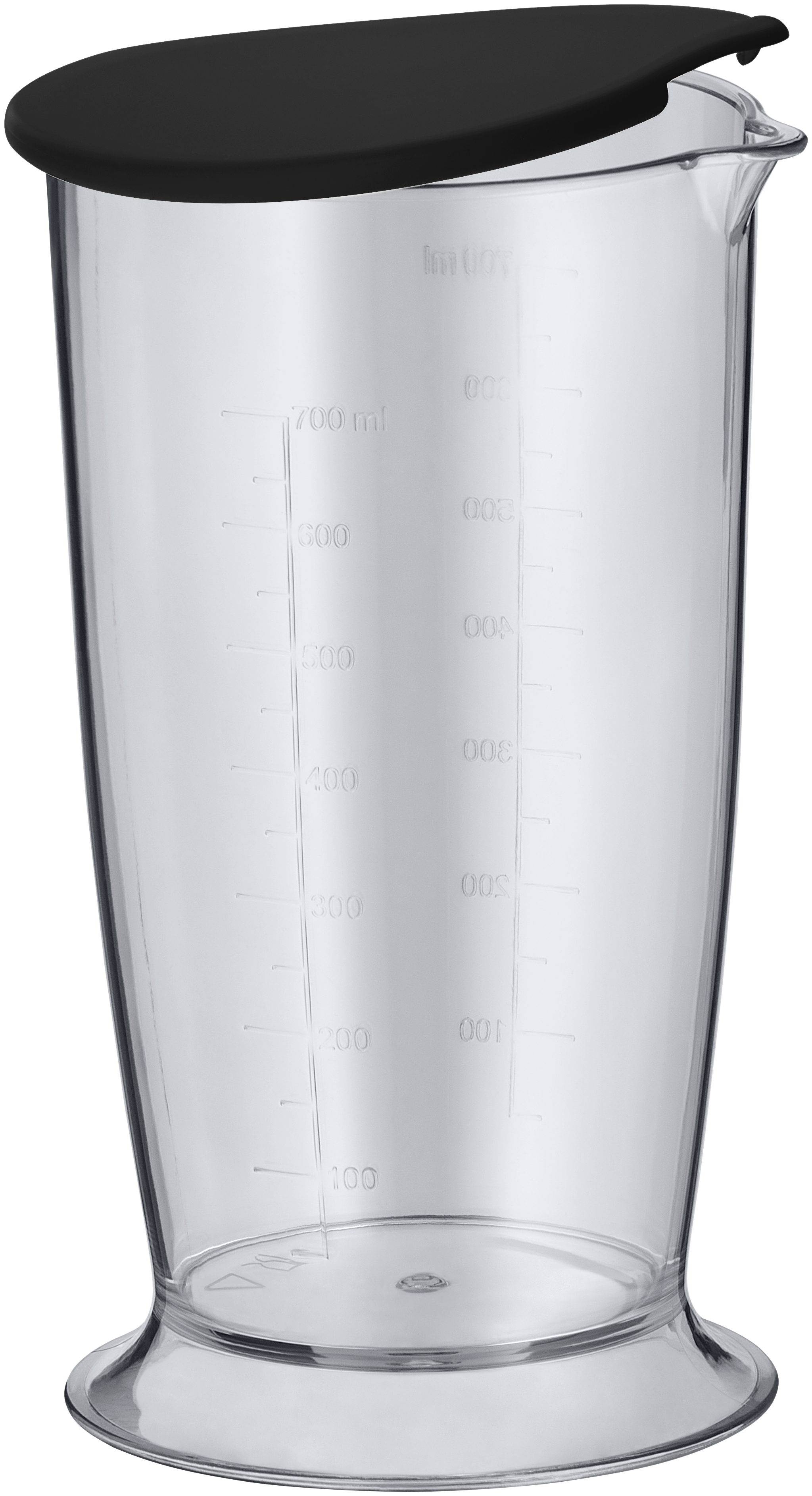 Ein transparenter Messbecher mit schwarzem Deckel und aufgedruckten Messungen auf weißem Hintergrund.
