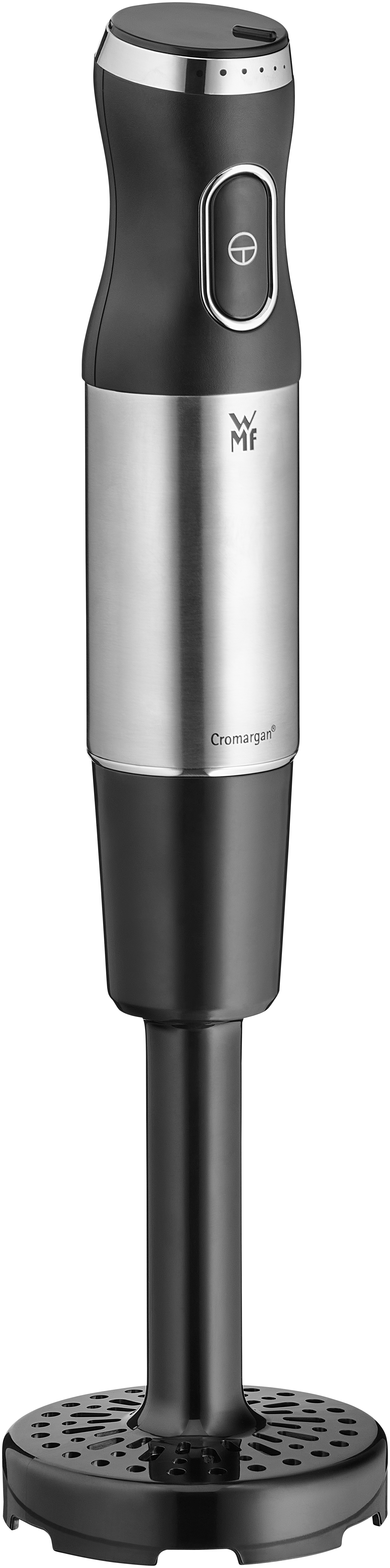 Ein schwarzer und silberner Stabmixer mit schwarzem Sockel.