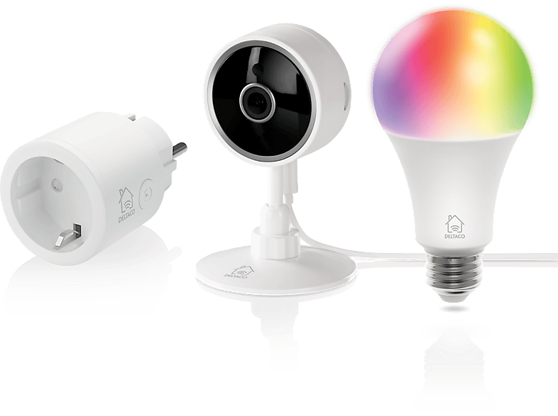 DELTACO E27 Starter Kit, Steckdose + Kamera & Lampe Weiß 9W, RGB