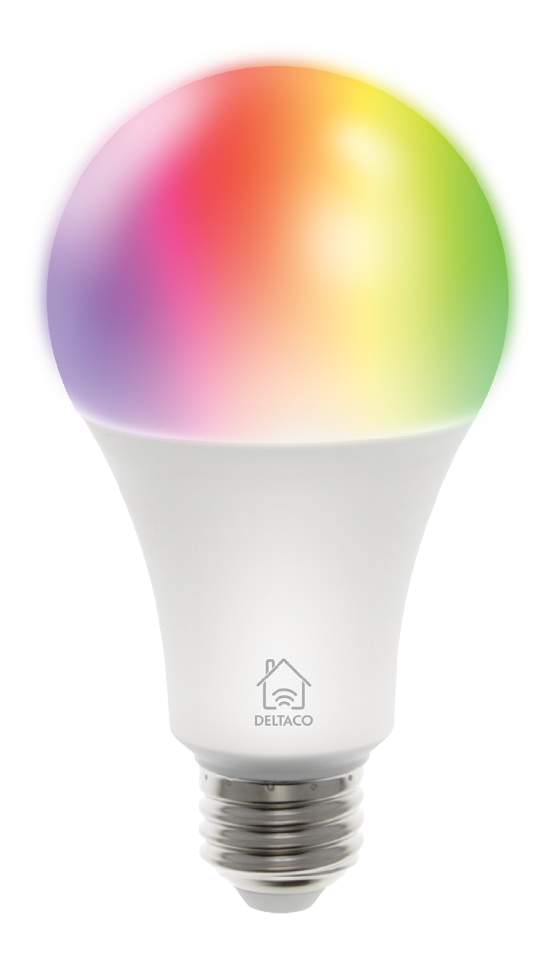 Eine weiße intelligente Glühbirne mit farbenfrohem, regenbogenartigem Licht. Der Sockel ist silber.