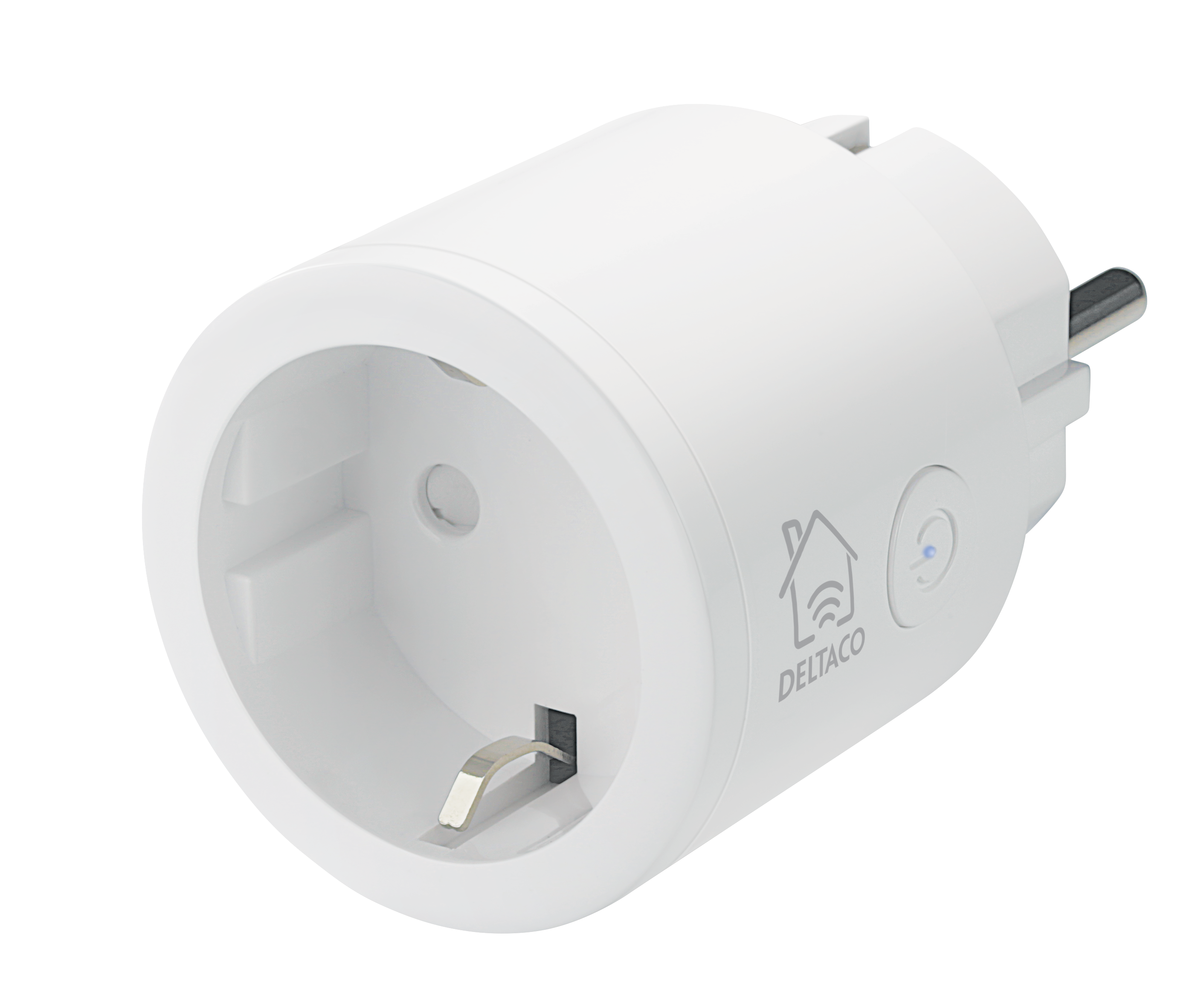 Ein weißer Smart Plug mit einem Haussymbol und einem blauen Licht.