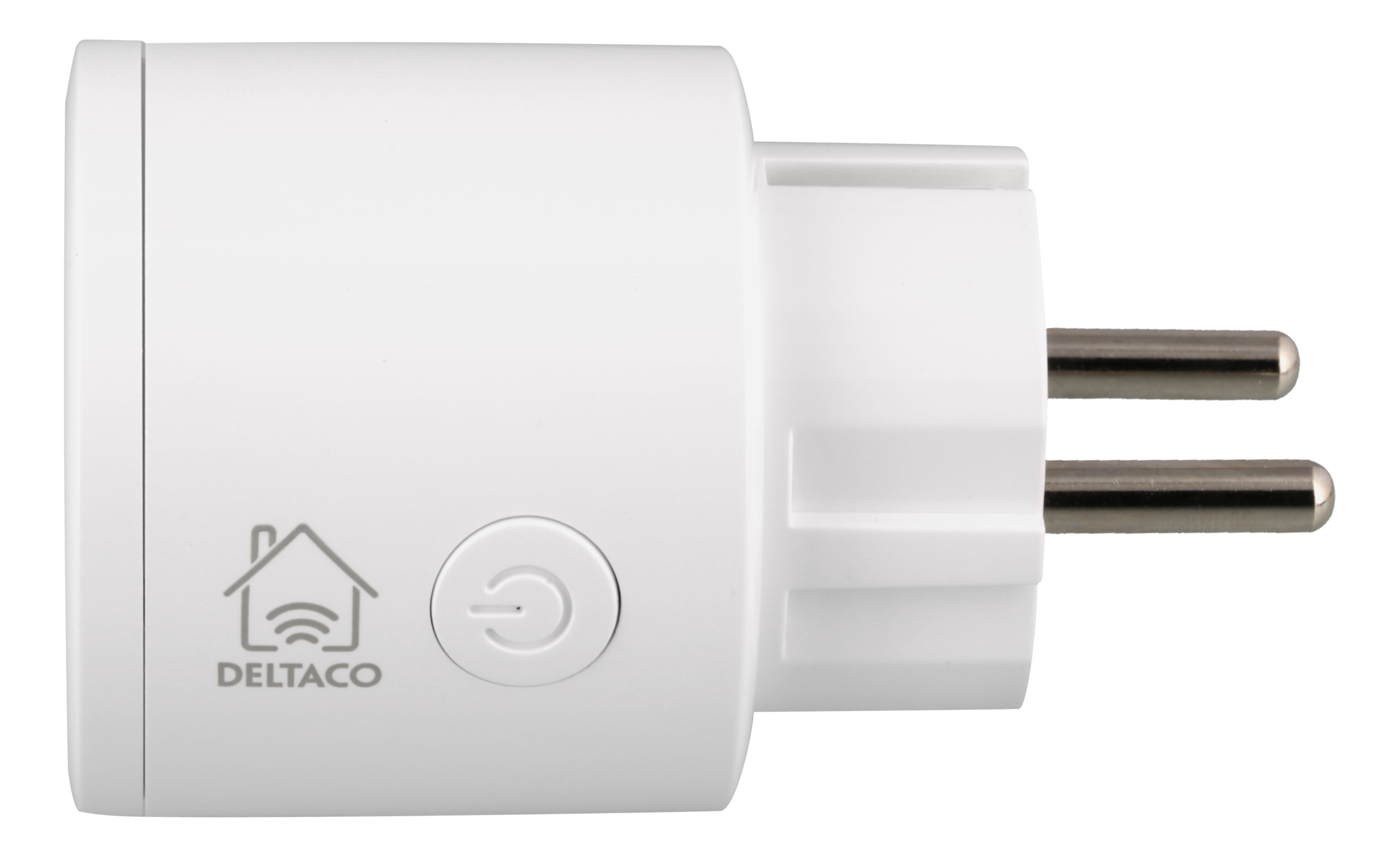 Ein weißer Smart Plug mit Haus- und WLAN-Symbol sowie einem Ein- / Ausschalter.