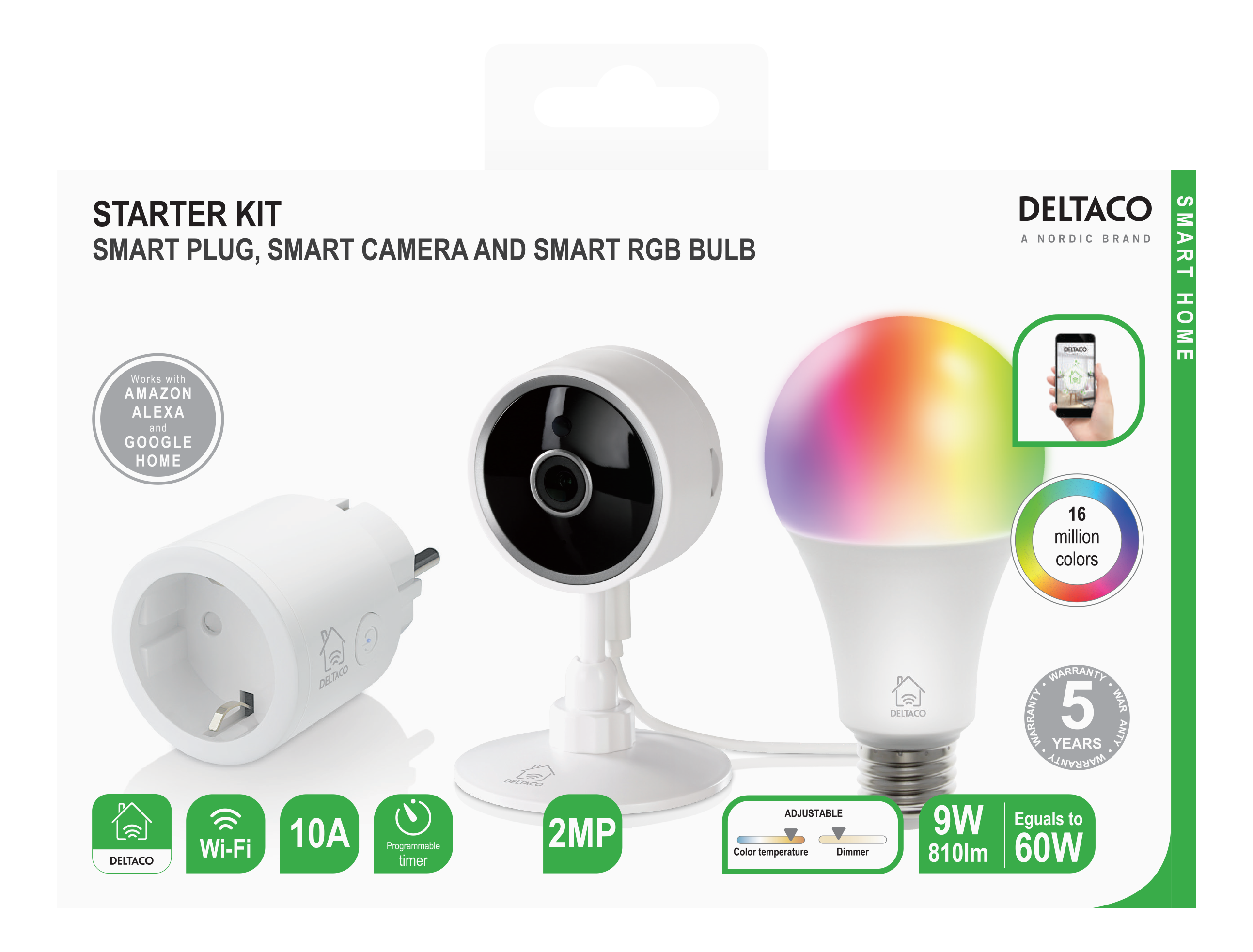 Smart Home Starter Kit. Enthält einen Smart-Stecker, eine Kamera und eine RGB-Glühbirne mit Farboptionen.
