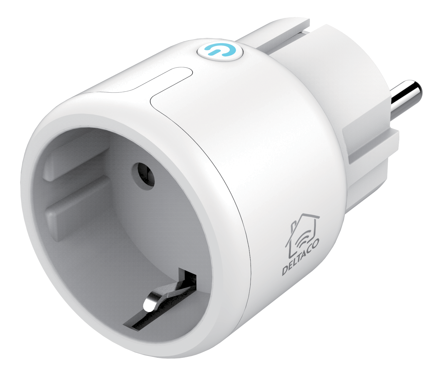 Ein weißer Smart-Stecker mit blauem Power-Button und dem Deltaco-Logo auf schwarzem Hintergrund.