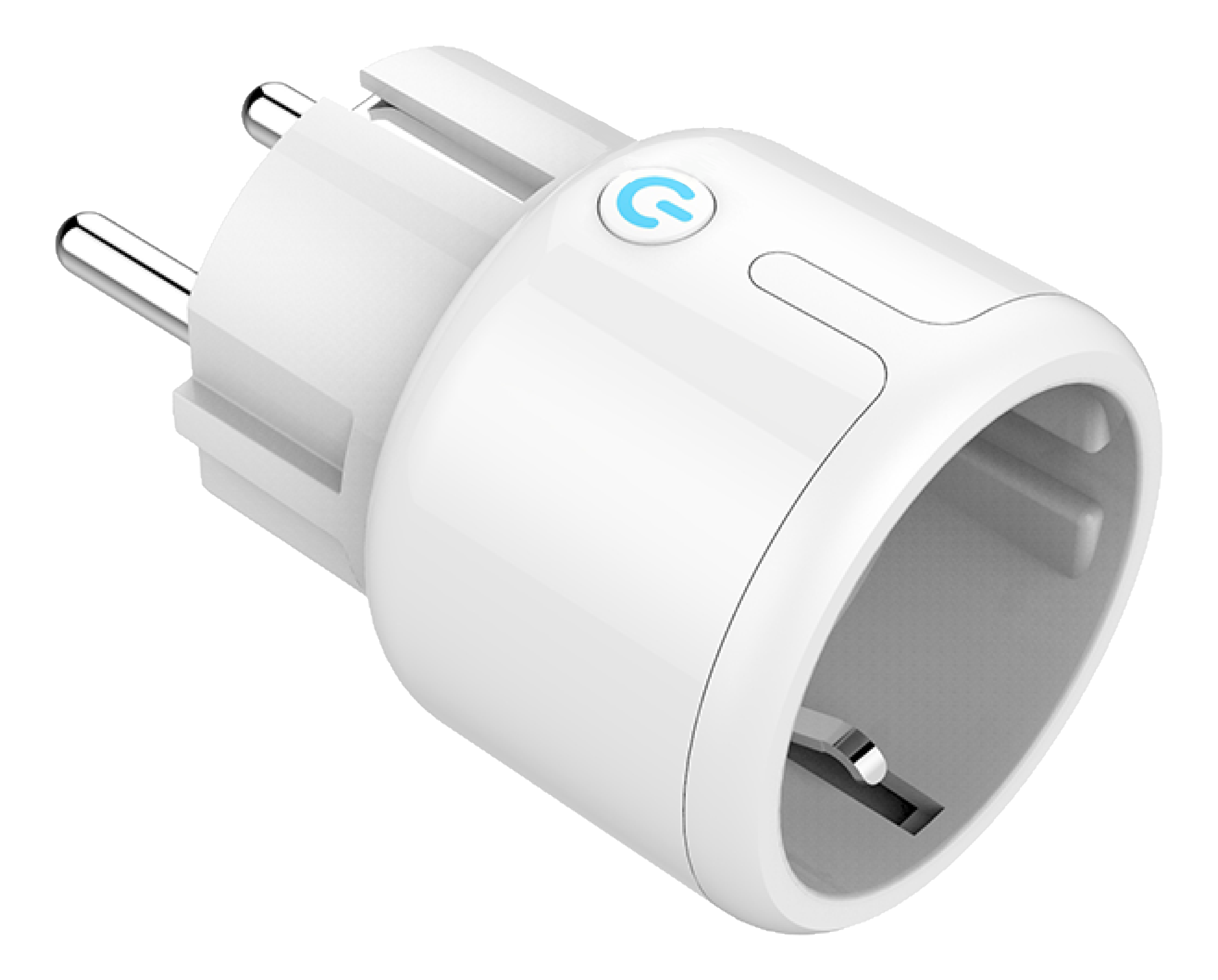 Ein weißer Smart-Stecker mit blauem Einschaltknopf.