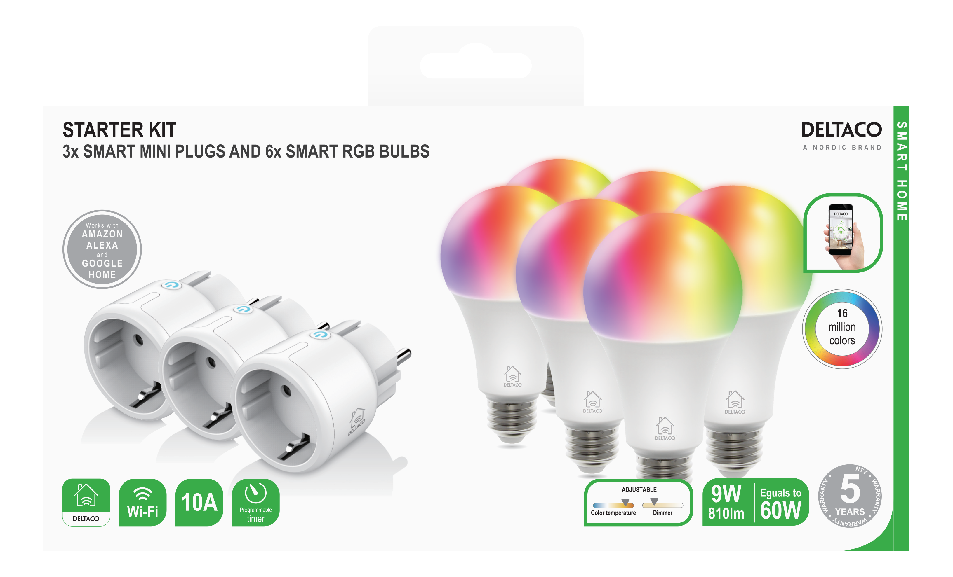 Eine Box zeigt intelligente Stecker und intelligente RGB-Glühbirnen, mit Wi-Fi und Alexa/Google Home Logos. Inklusive 5 Jahre Garantie.