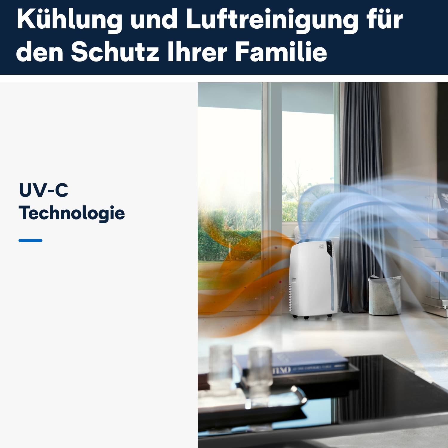 Ein Raum mit Fenster, Luftreiniger und Sofa. Der Text lautet: UV-C-Technologie.