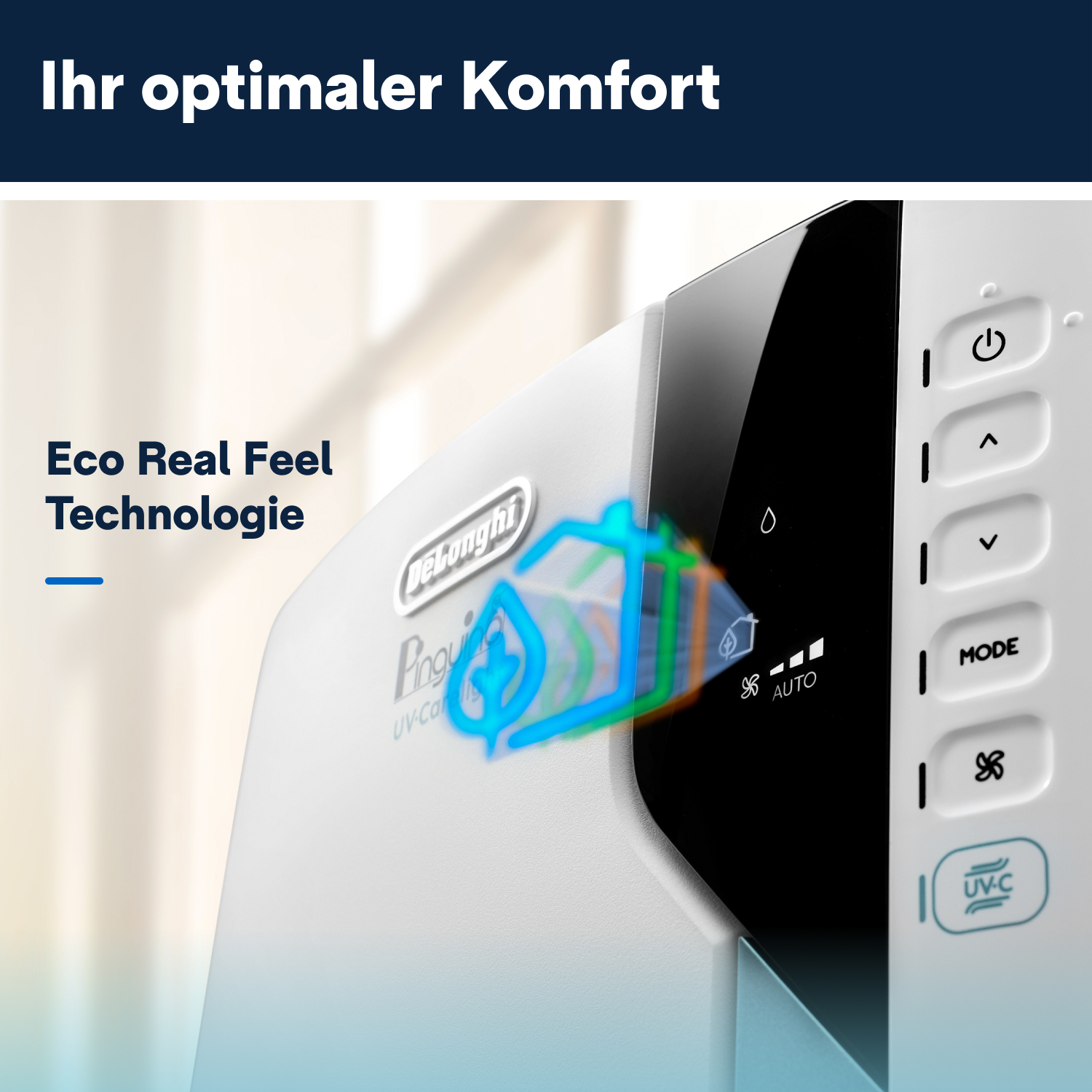 Nahaufnahme des Bedienfelds eines Luftreinigers, Text: 'Ihr optimaler Komfort' und 'Eco Real Feel'.