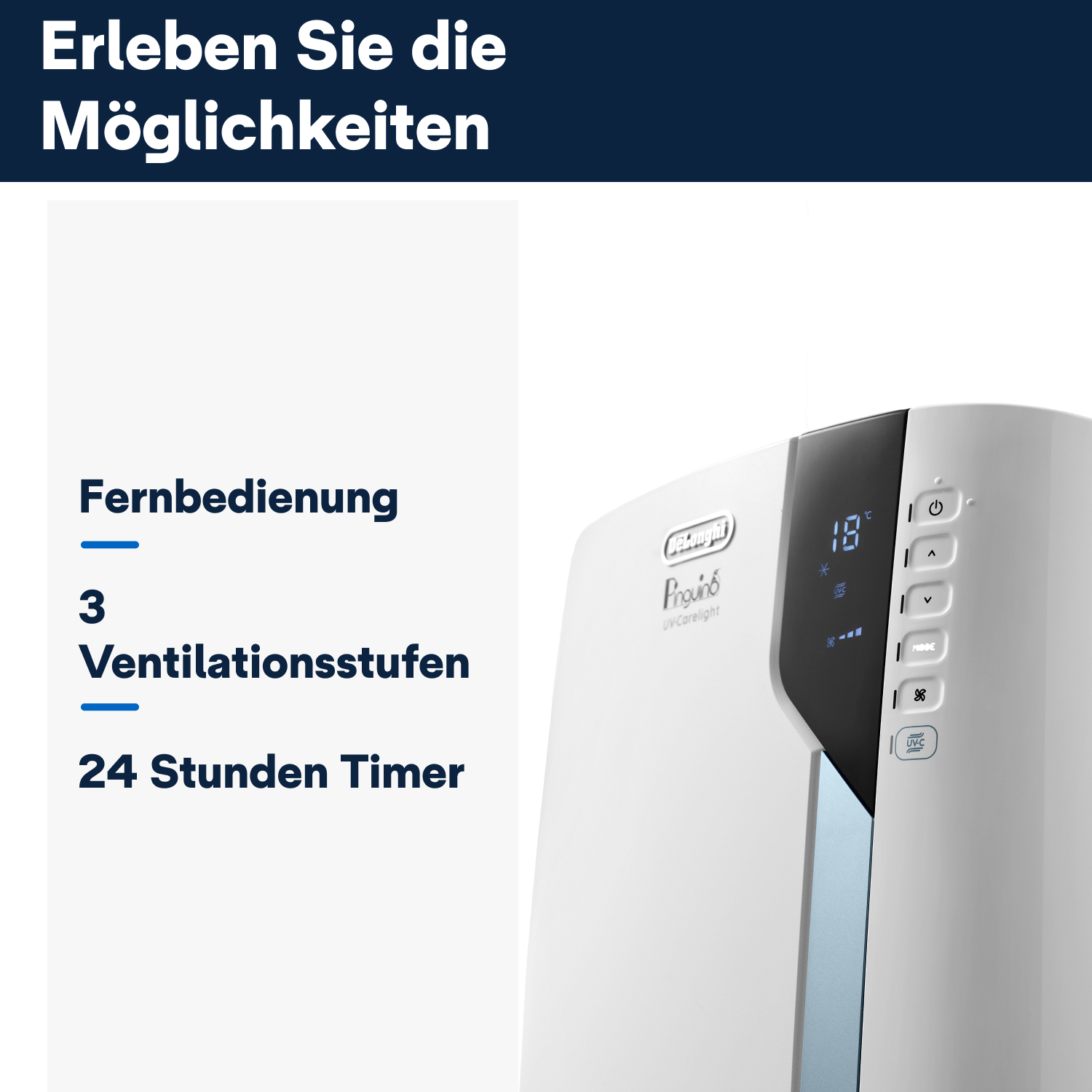 Ein weißer und blauer Luftentfeuchter mit Digitalanzeige, Nahaufnahme.