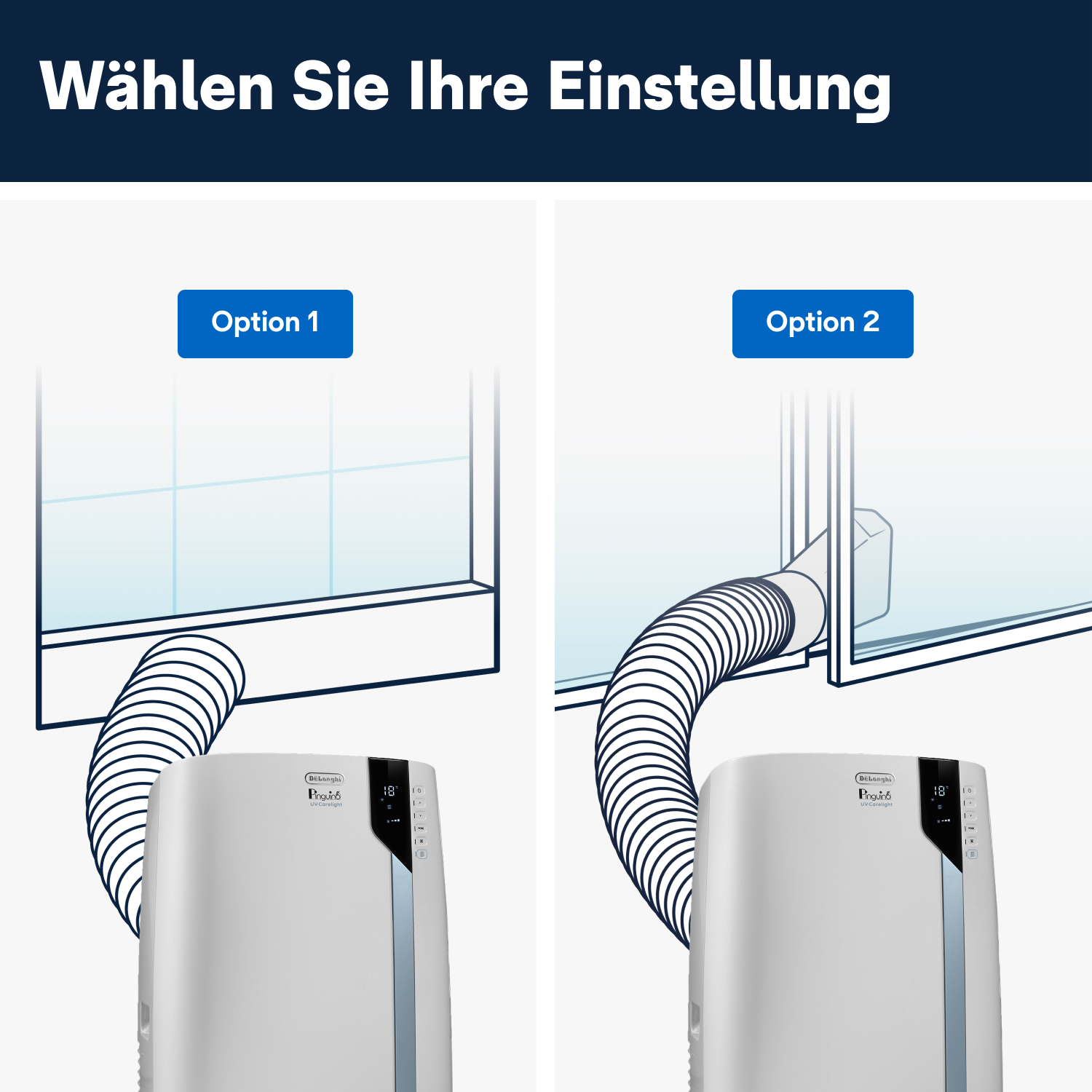Zwei Diagramme mit unterschiedlichen Aufbauten für ein tragbares Klimagerät mit Schlauch.