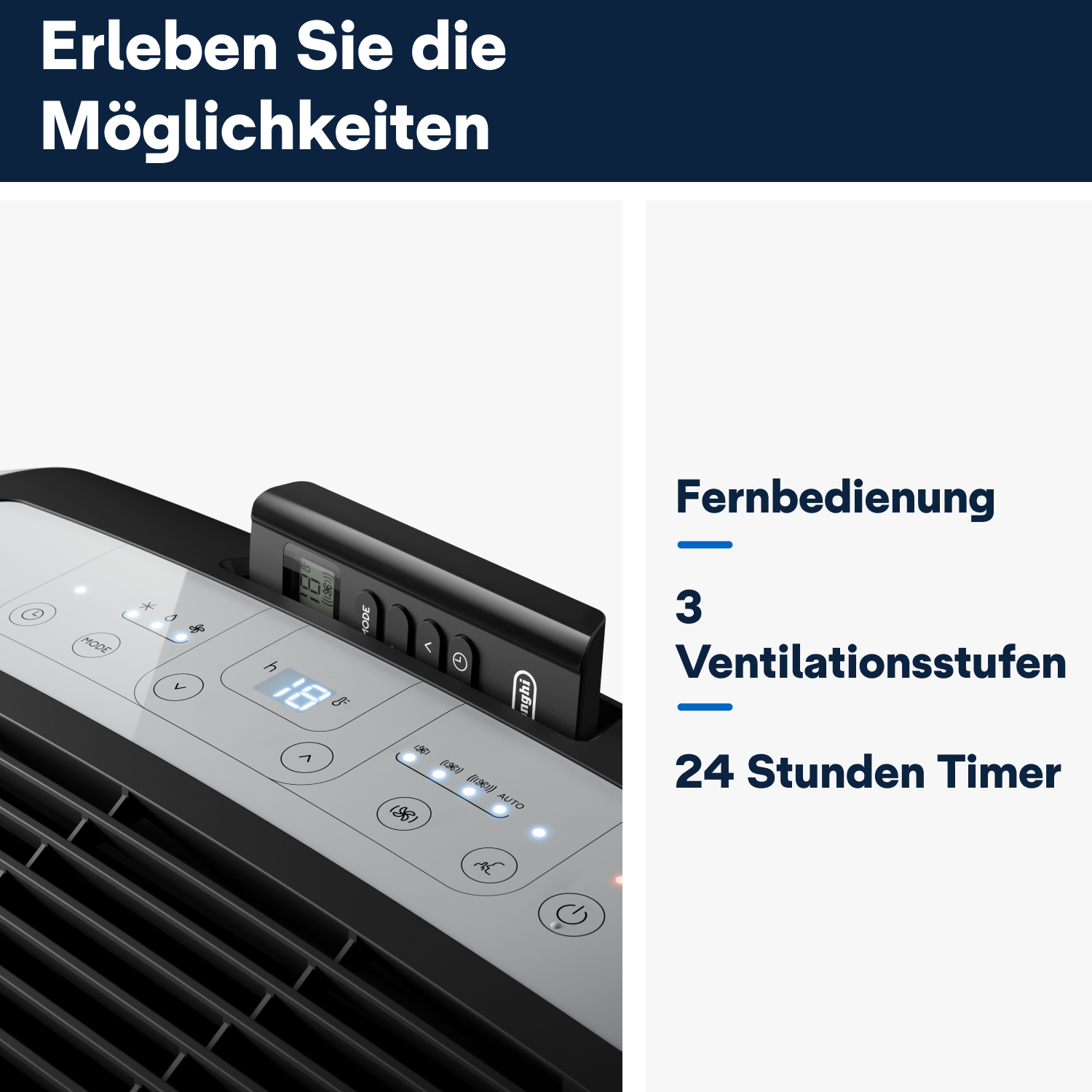 Nahaufnahme eines Bedienfelds mit Fernbedienung, das Einstellungen und Funktionen zeigt.