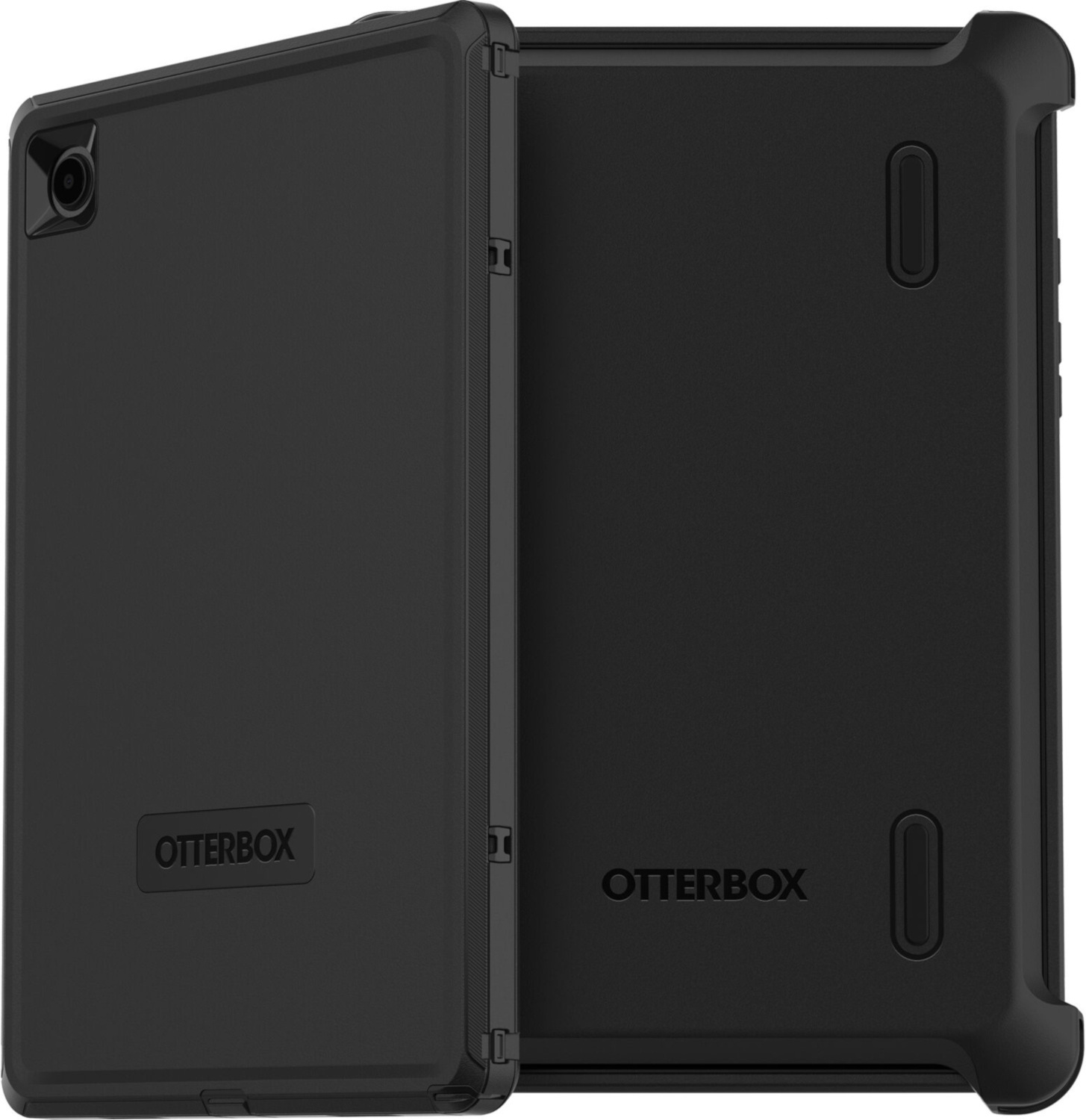 Twee zwarte tablethoezen, één open en één gesloten. Het Otterbox-logo is zichtbaar.