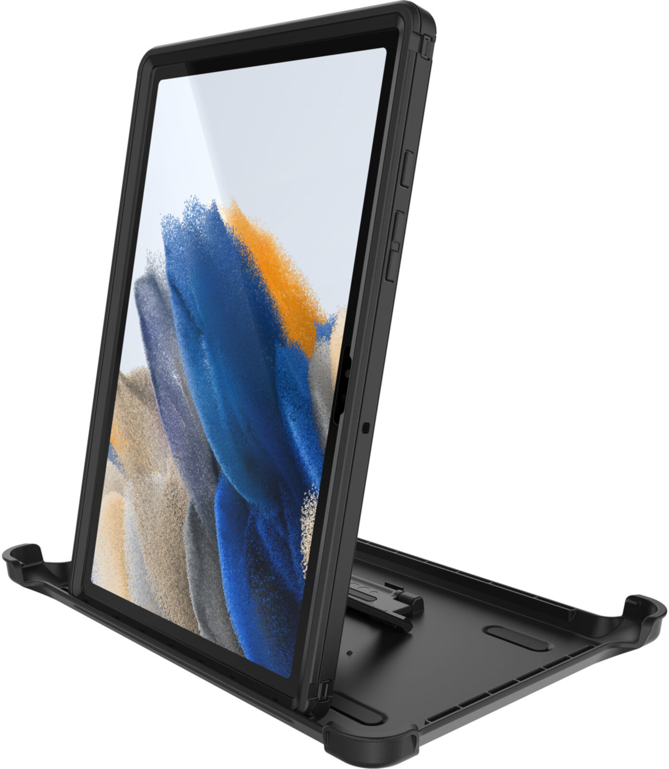 Tablet in een zwarte standaard case, schuine weergave, scherm met abstracte kunst.