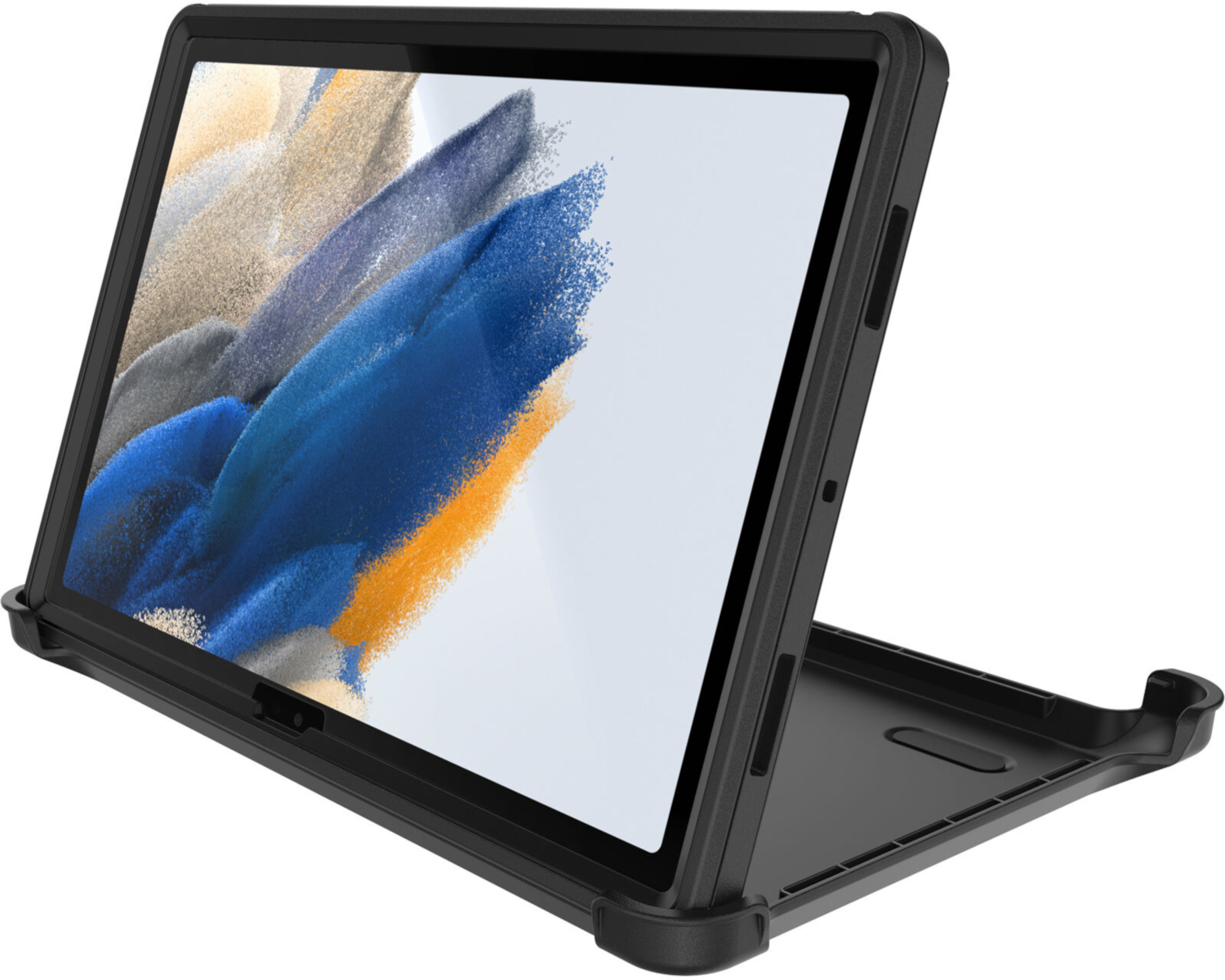 Tablet in een beschermhoes, zwart. Het scherm toont een kleurrijk beeld en is gekanteld.