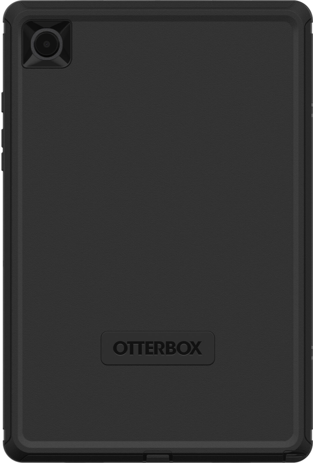 Zwarte Otterbox tablethoes, de achterkant met camera en het Otterbox-logo.
