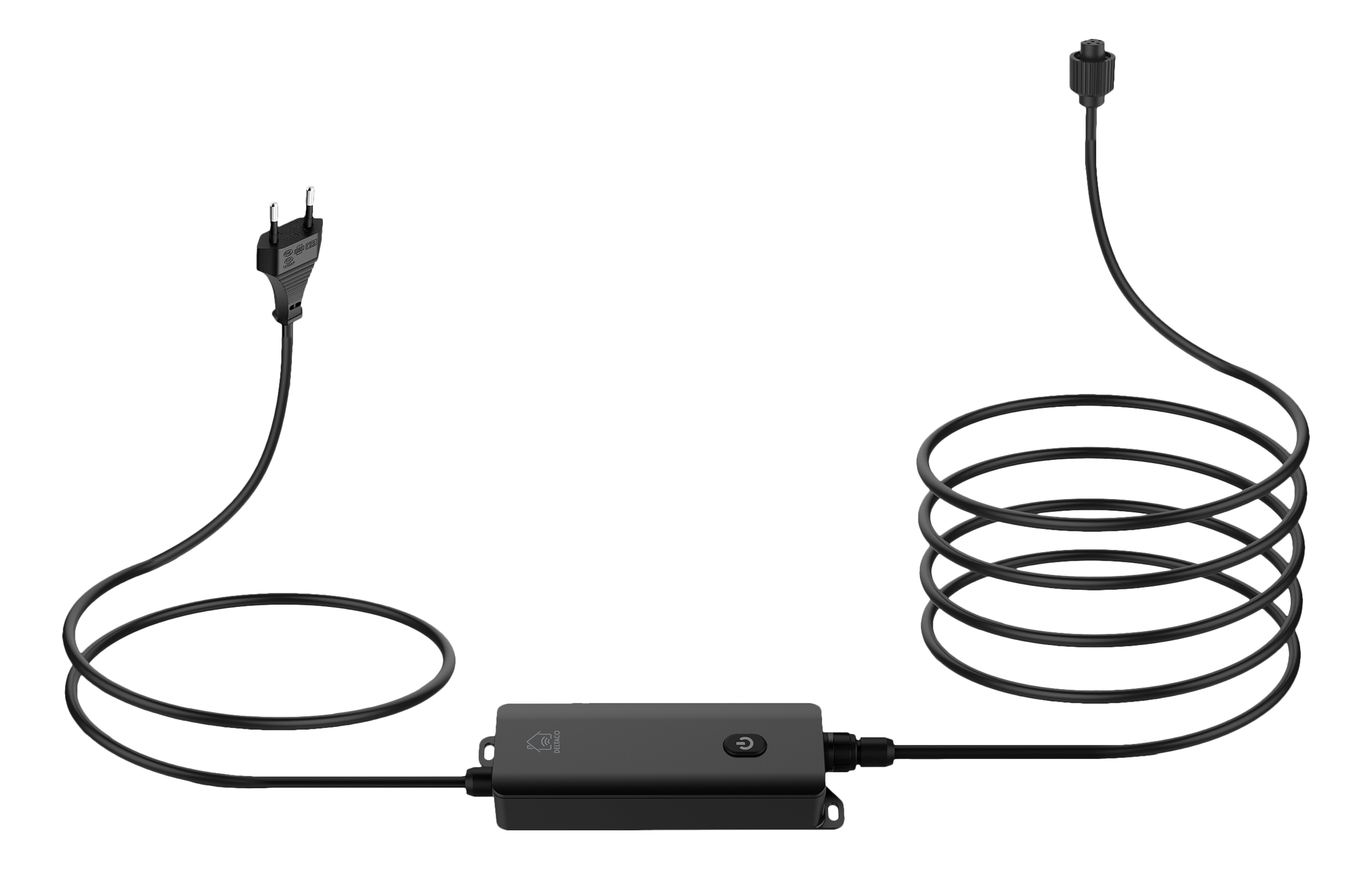 Ein schwarzes Kabel mit Netzteil und Spule, verbunden mit einem Netzstecker.