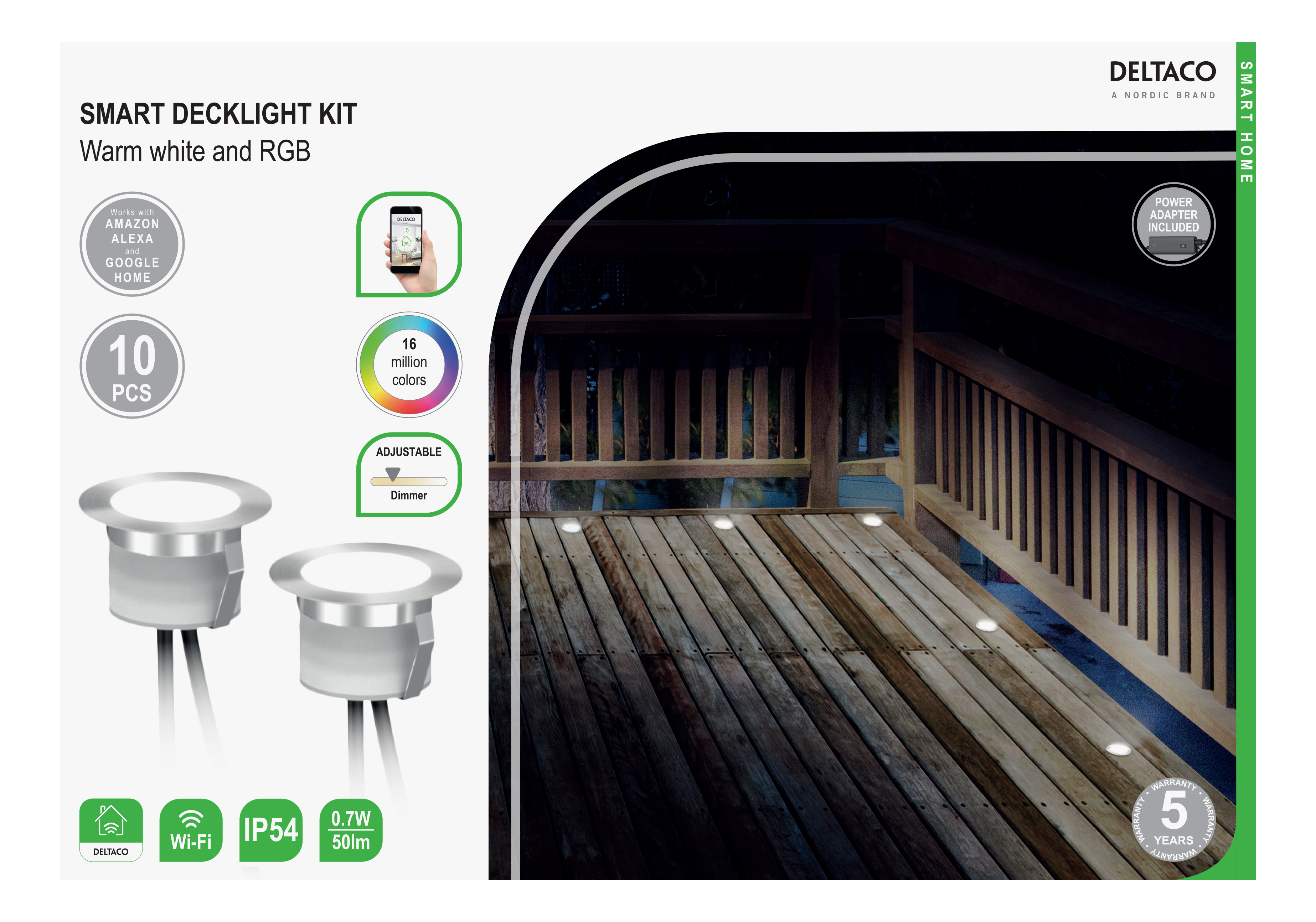 Smart Decklight Kit mit zwei Lichtern und einem Bild eines Holzdecks mit Lichtern.
